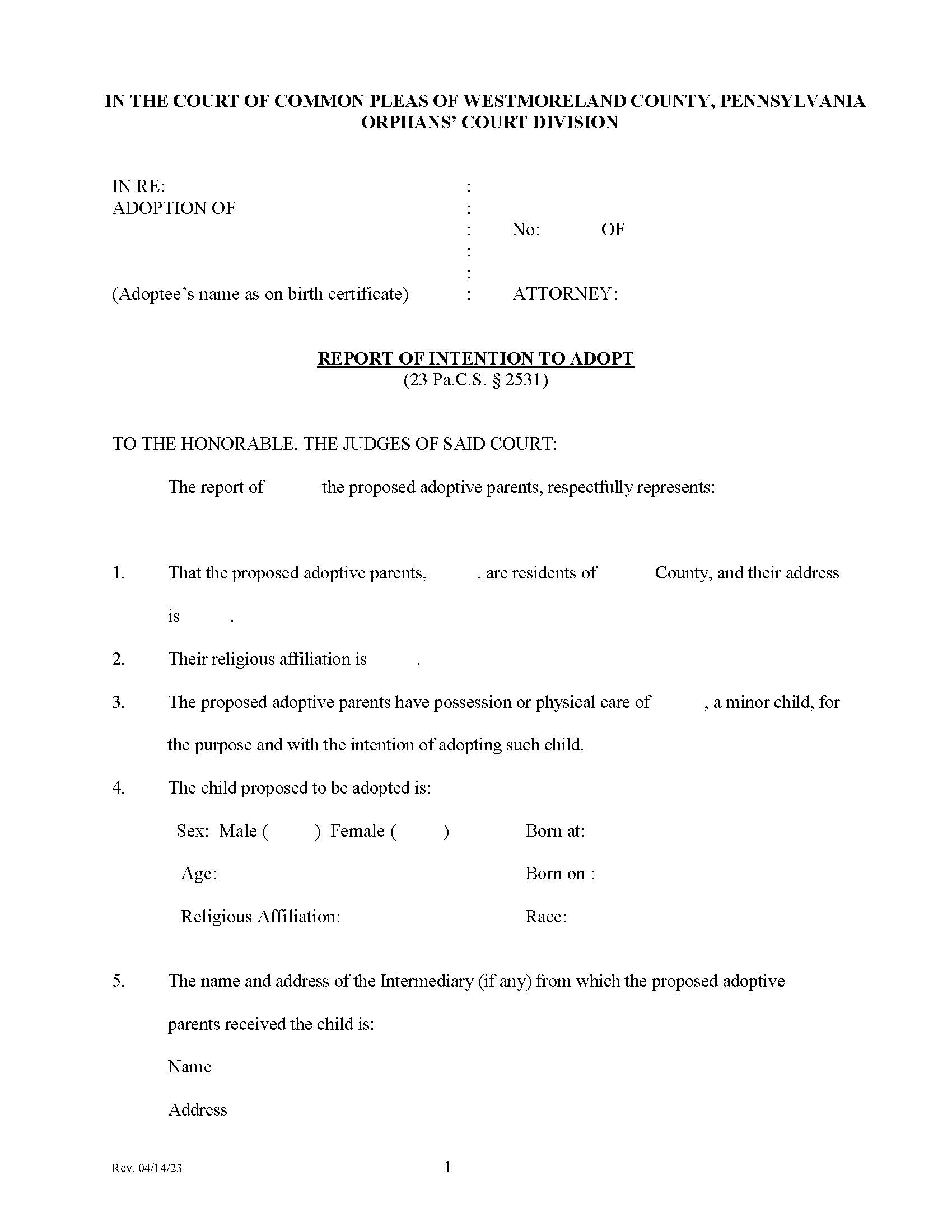Report Of Intention To Adopt | Pdf Fpdf Doc Docx | Pennsylvania