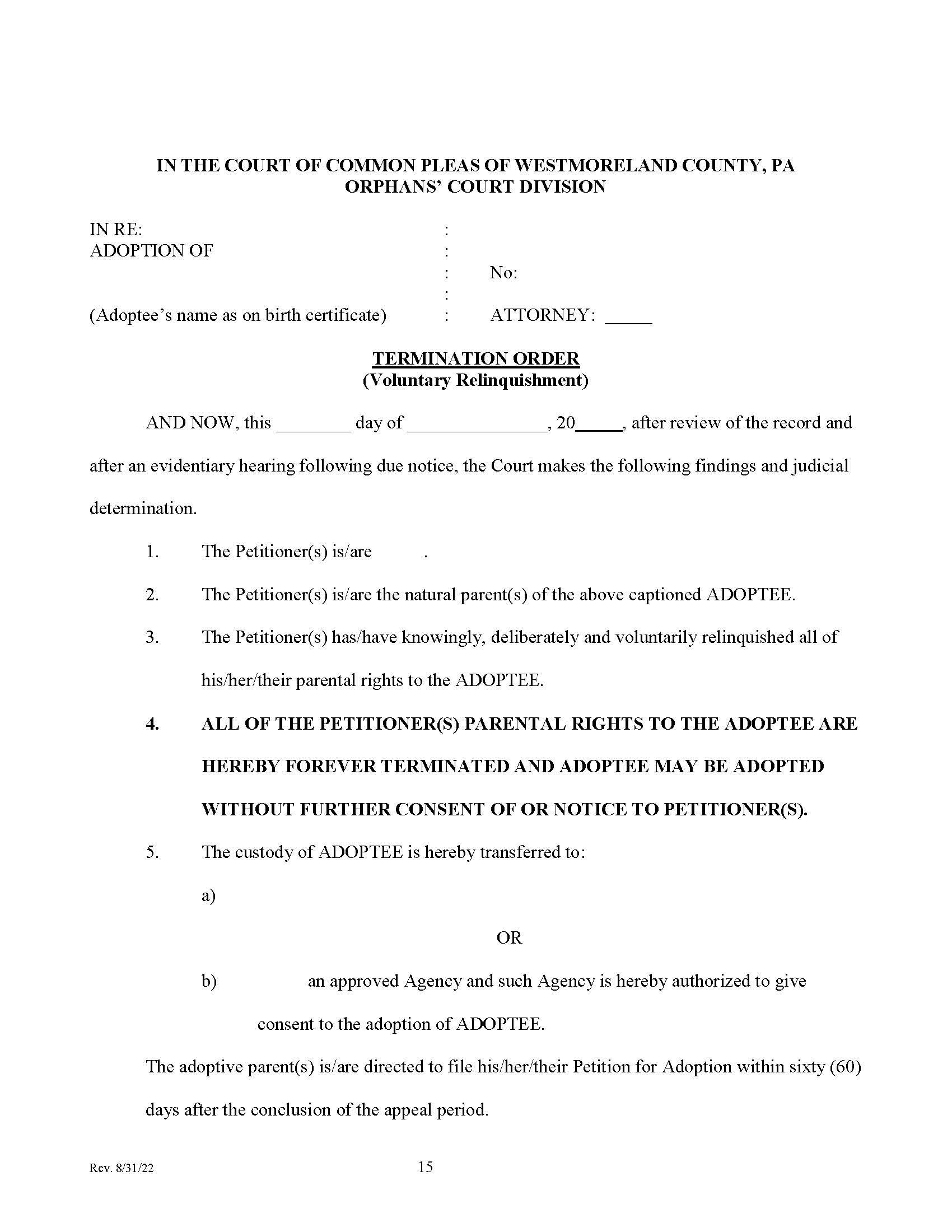 Termination Order (Voluntary Relinquishment) | Pdf Fpdf Doc Docx | Pennsylvania