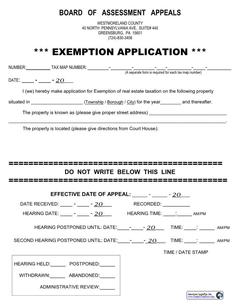 Tax Assessment Exemption Application | Pdf Fpdf Docx | Pennsylvania