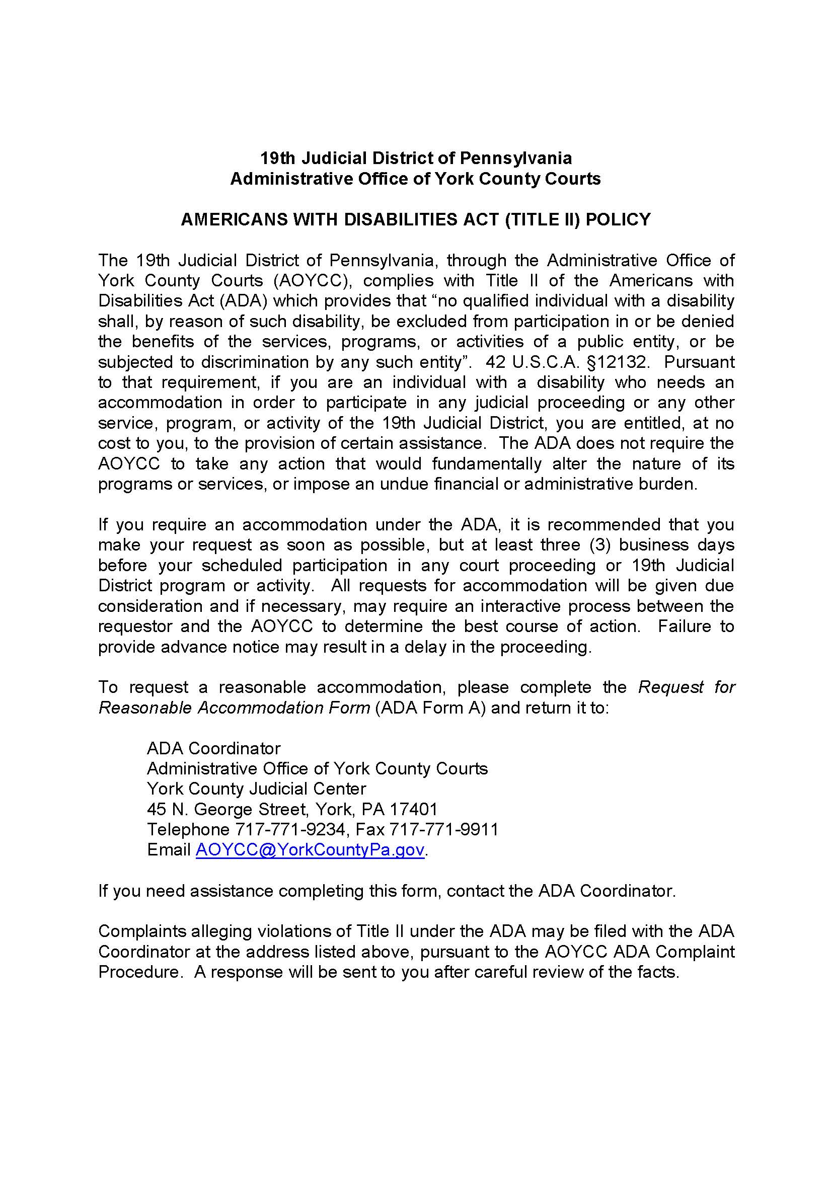 Americans With Disabilities Act Accommodation (ADA) Title II Request For Reasonable Accommodation {Form A} | Pdf Fpdf Docx | Pennsylvania