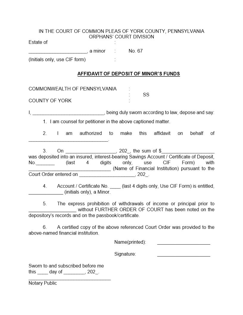 Affidavit Of Deposit Of Minors Funds | Pdf Fpdf Docx | Pennsylvania