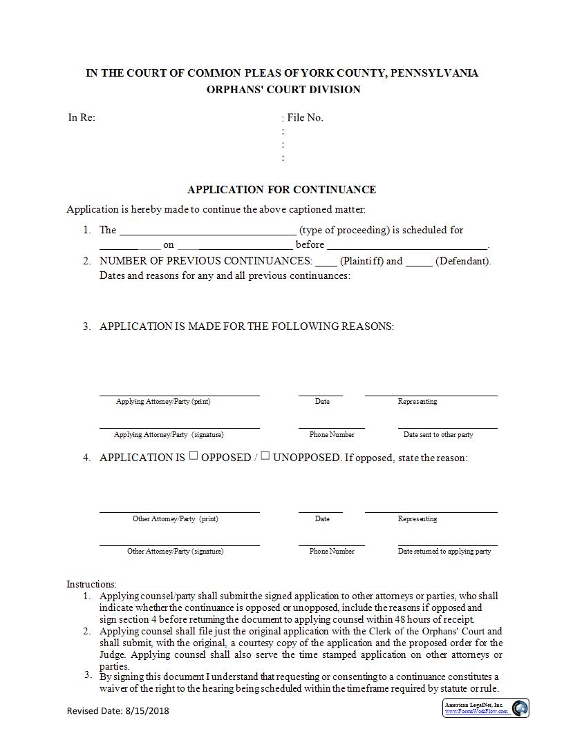 Application For Continuance | Pdf Fpdf Docx | Pennsylvania