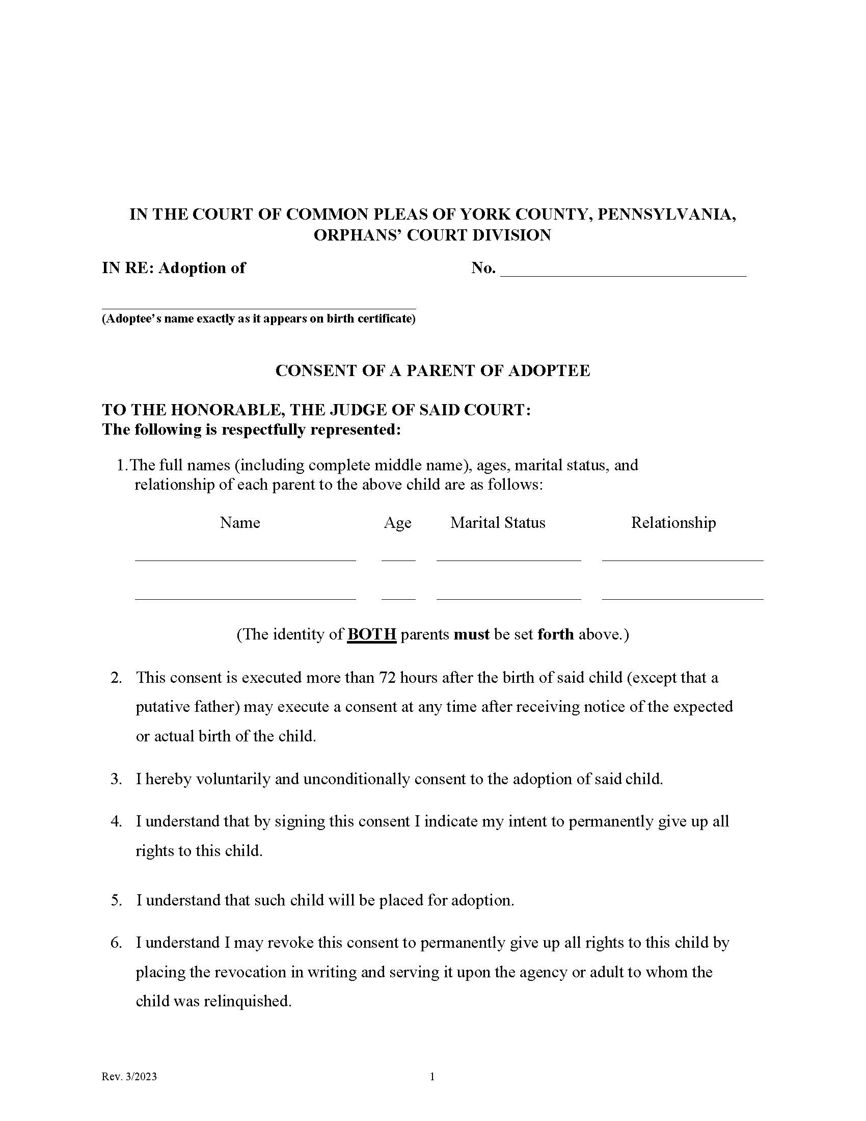 Consent Of A Parent Of Adoptee | Pdf Fpdf Docx | Pennsylvania