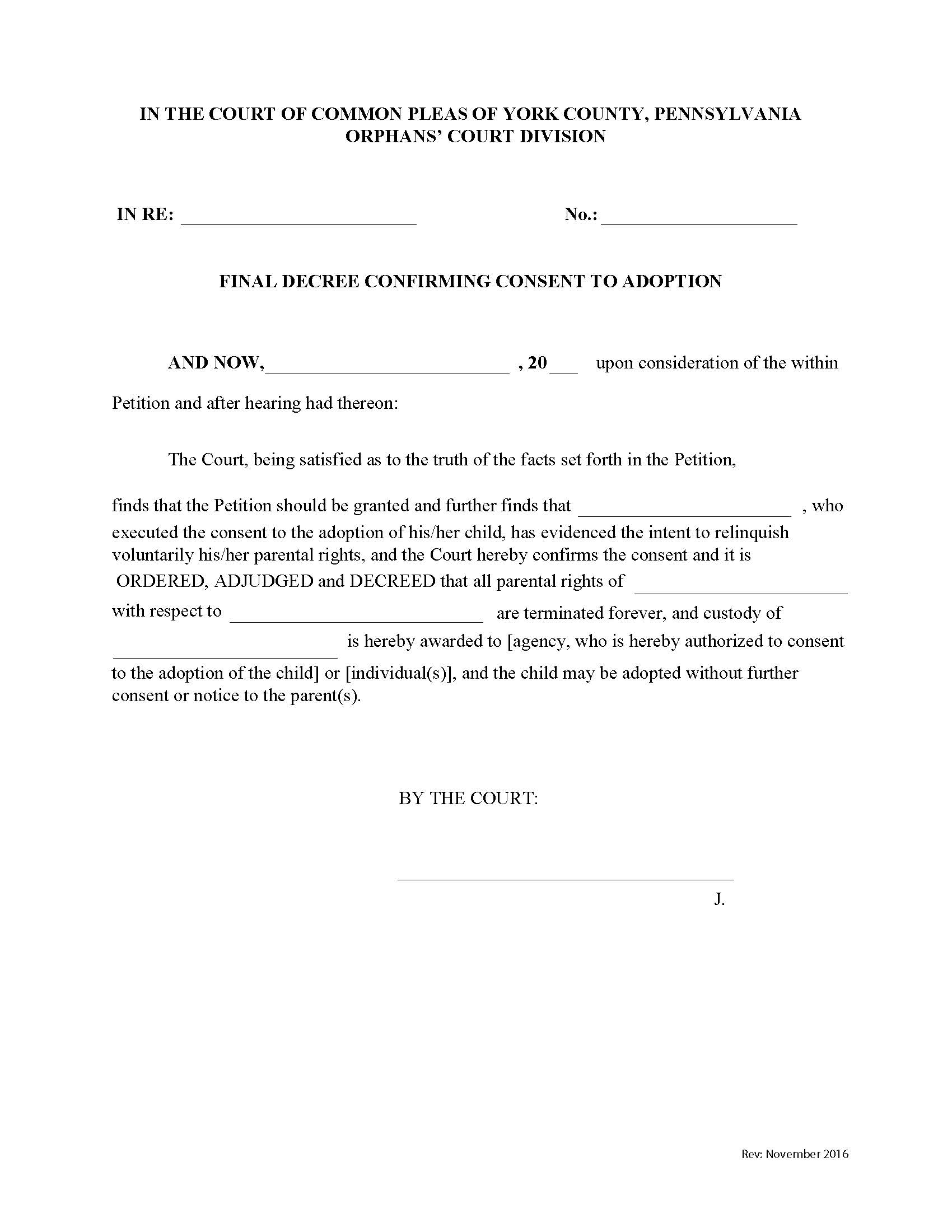 Final Decree Confirming Consent To Adoption | Pdf Fpdf Doc Docx | Pennsylvania