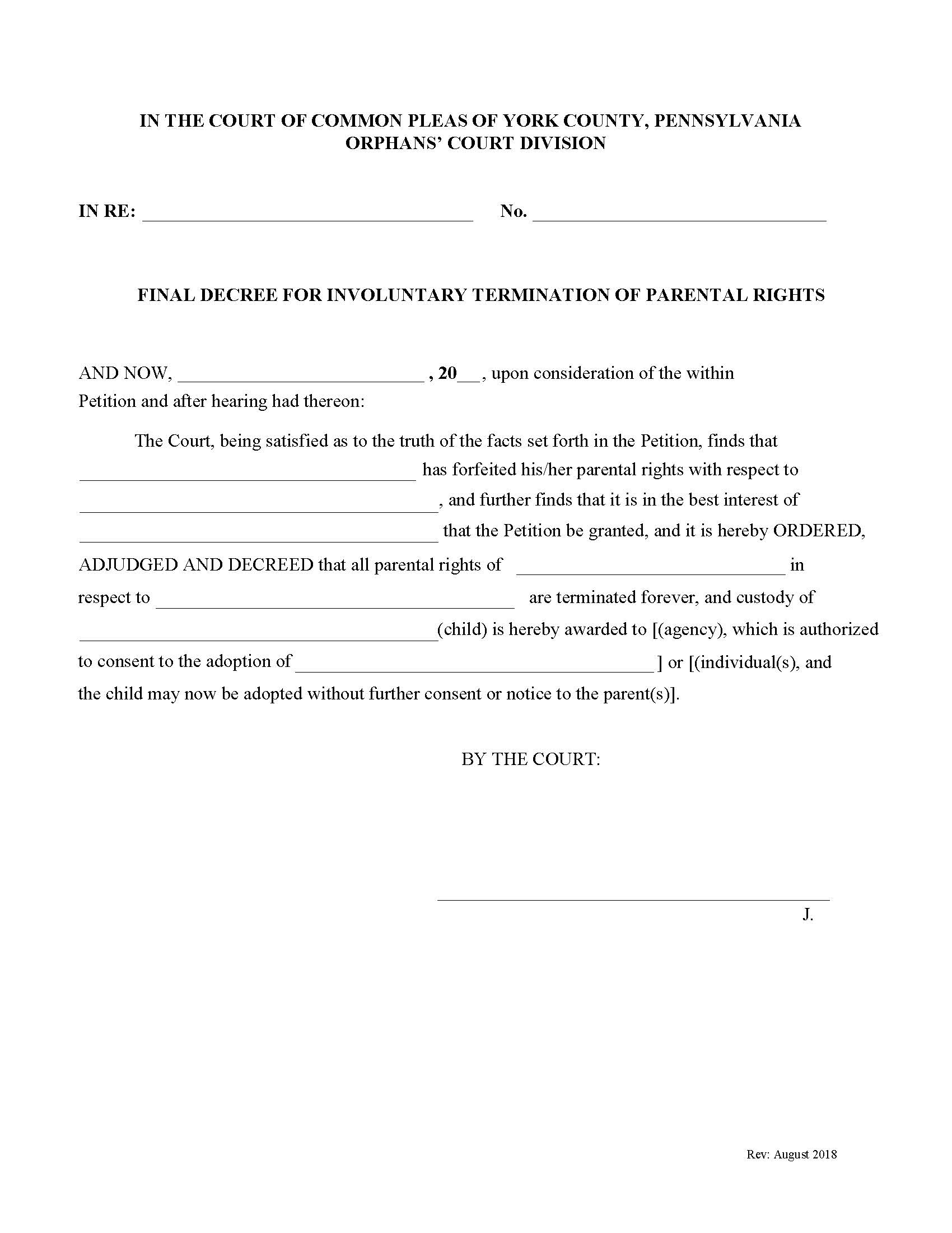 Final Decree For Involuntary Termination Of Parental Rights | Pdf Fpdf Docx | Pennsylvania