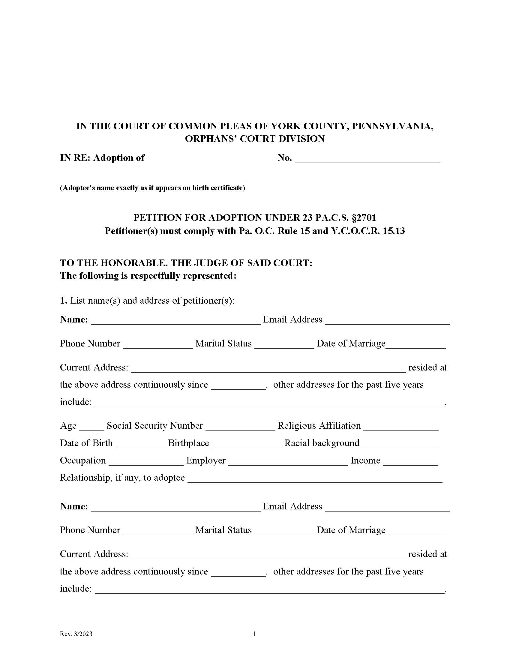 Petition For Adoption | Pdf Fpdf Doc Docx | Pennsylvania