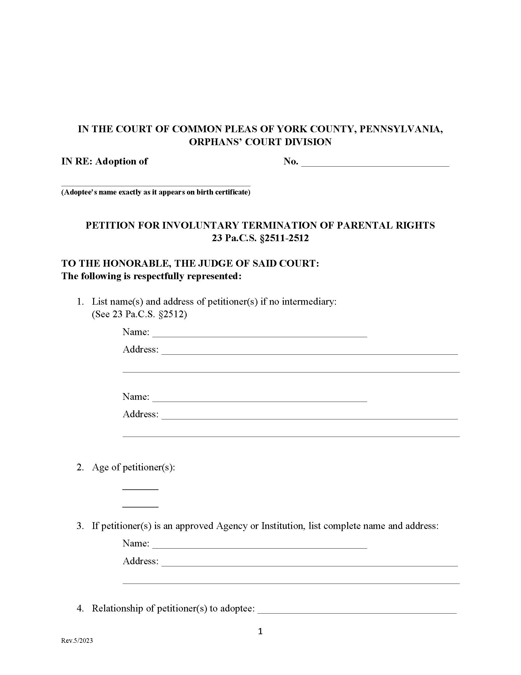 Petition For Involuntary Termination Of Parental Rights | Pdf Fpdf Docx | Pennsylvania