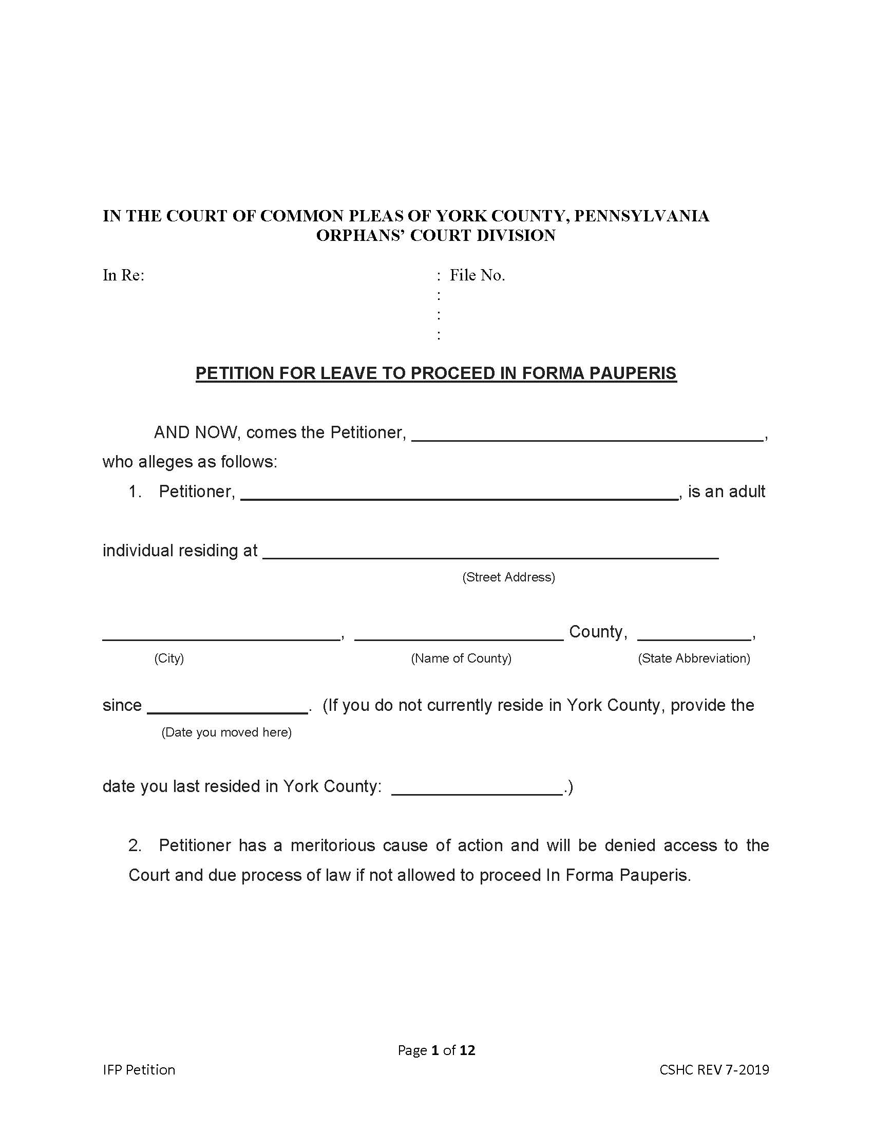 Petition For Leave To Proceed In Forma Pauperis | Pdf Fpdf Docx | Pennsylvania