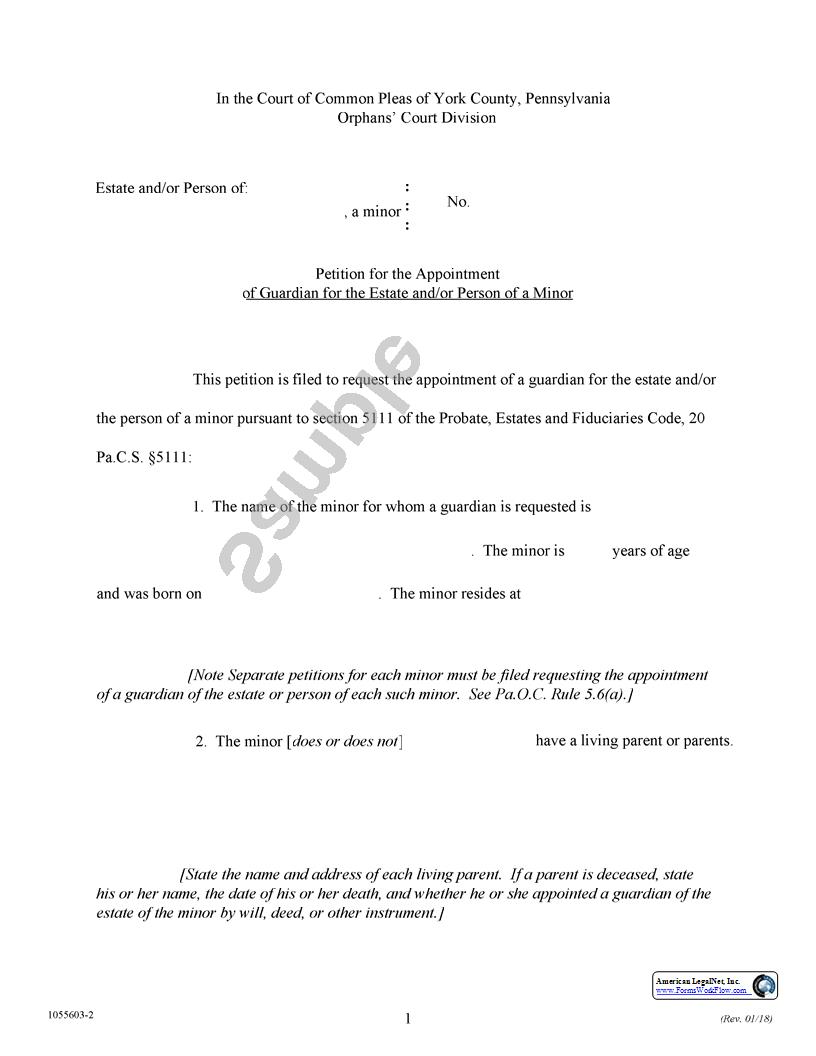 Petition For The Appointment Of A Guardian For The Estate Of A Minor | Pdf Fpdf Docx | Pennsylvania