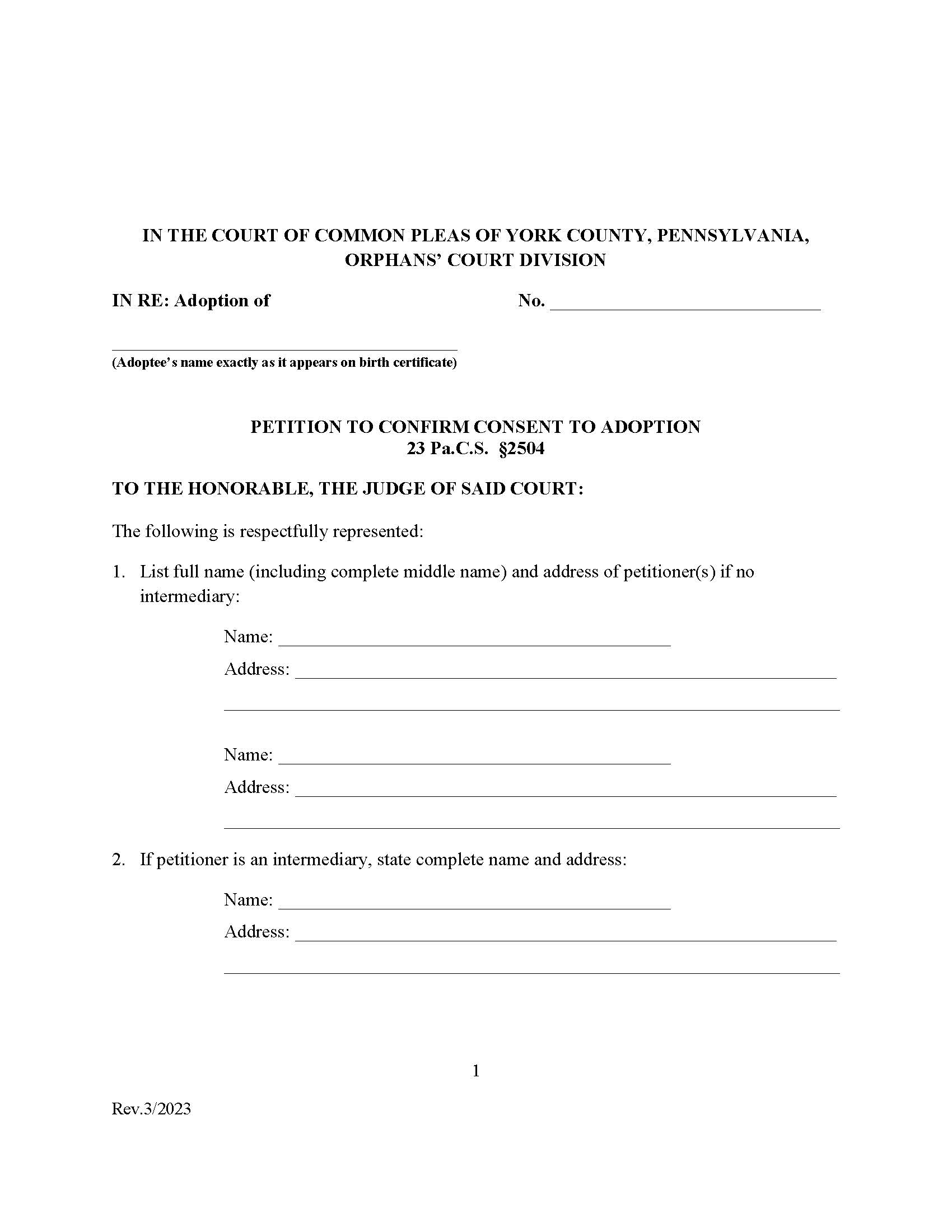 Petition To Confirm Consent To Adoption | Pdf Fpdf Docx | Pennsylvania