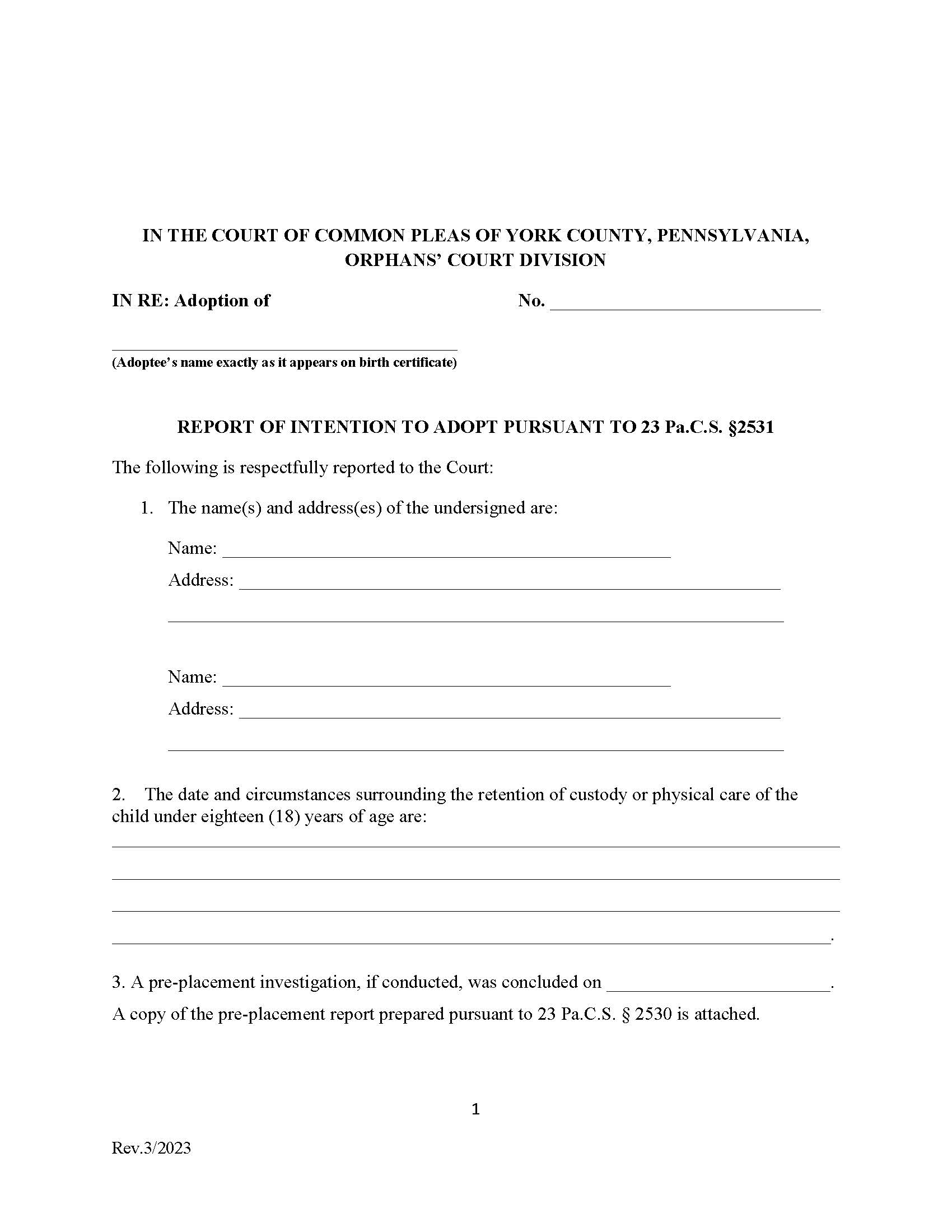 Report Of Intention To Adopt  | Pdf Fpdf Docx | Pennsylvania