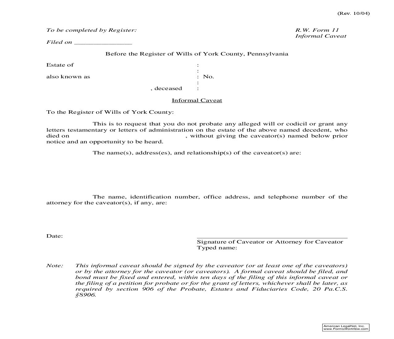 Informal Caveat {RW-11} | Pdf Fpdf Doc Docx | Pennsylvania
