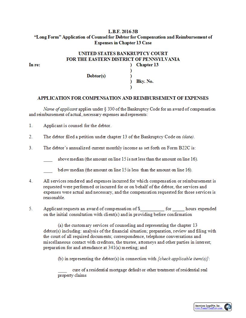 Application For Compensation And Reimbursement Of Expenses-Long Form (Chapter 13) {LBF 2016-3B} | Pdf Fpdf Docx | Pennsylvania