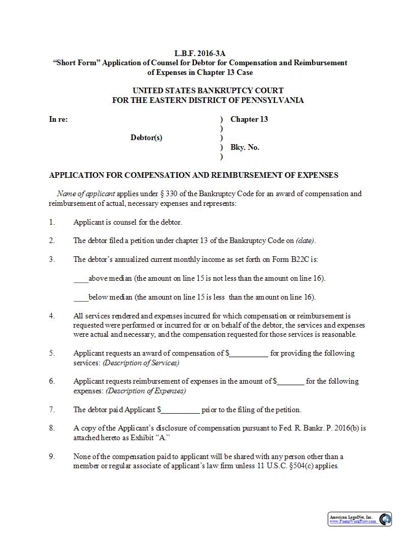 Application For Compensation And Reimbursement Of Expenses-Short Form (Chapter 13) {LBF 2016-3A} | Pdf Fpdf Docx | Pennsylvania