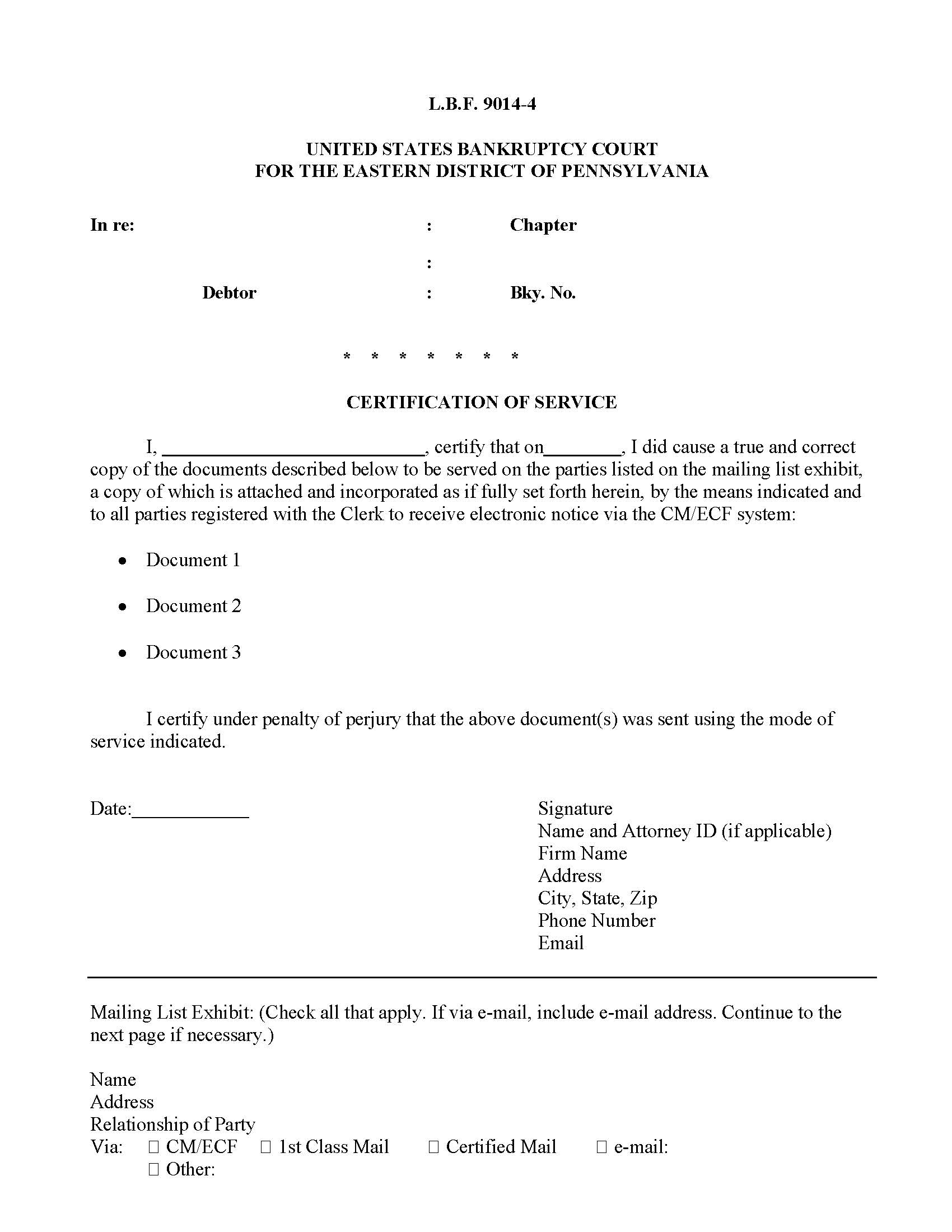 Certification Of Service {LBF 9014-4} | Pdf Fpdf Docx | Pennsylvania