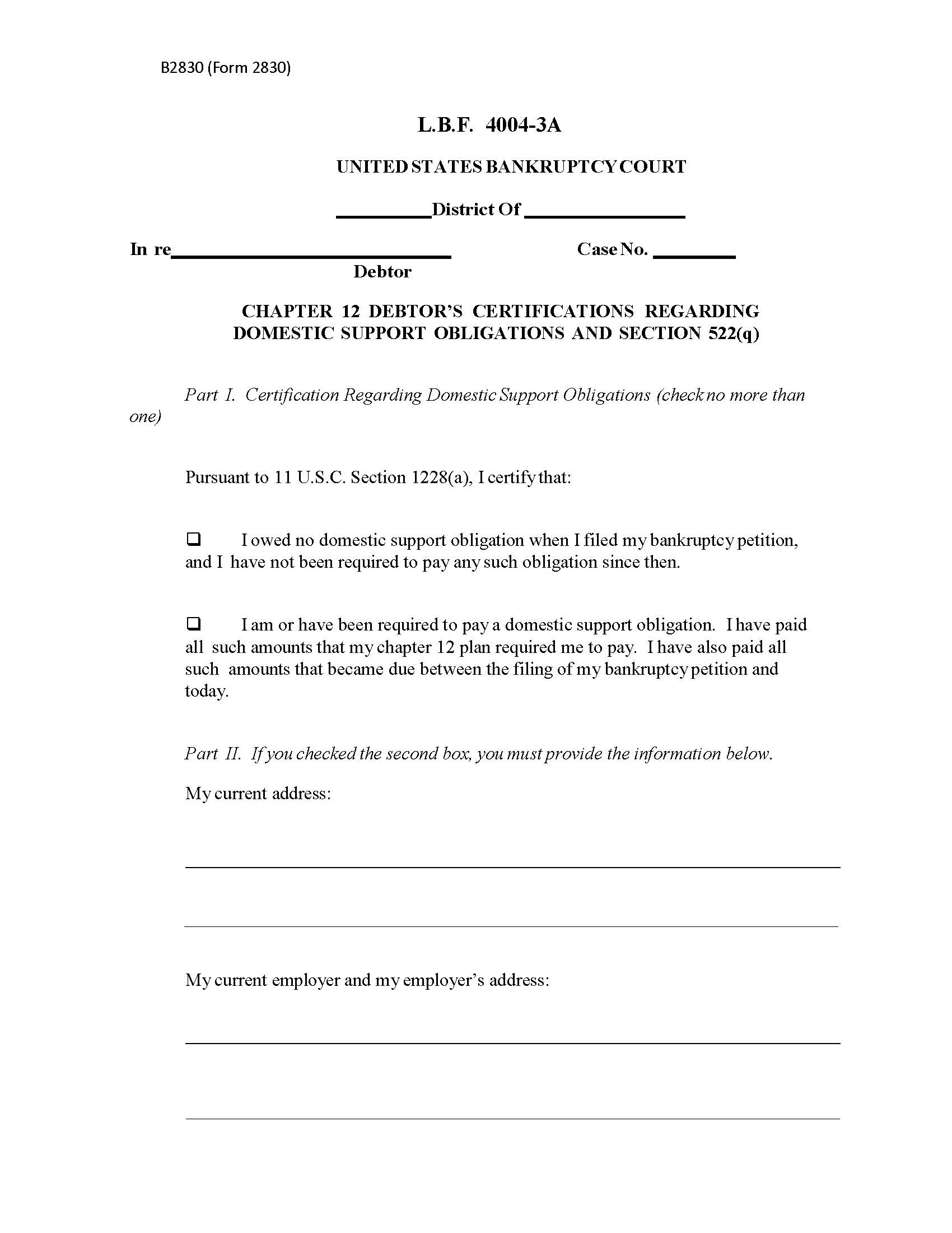 Chapter 12 Debtors Certifications Regarding Domestic Support Obligations {LBF 4004-3A} | Pdf Fpdf Docx | Pennsylvania