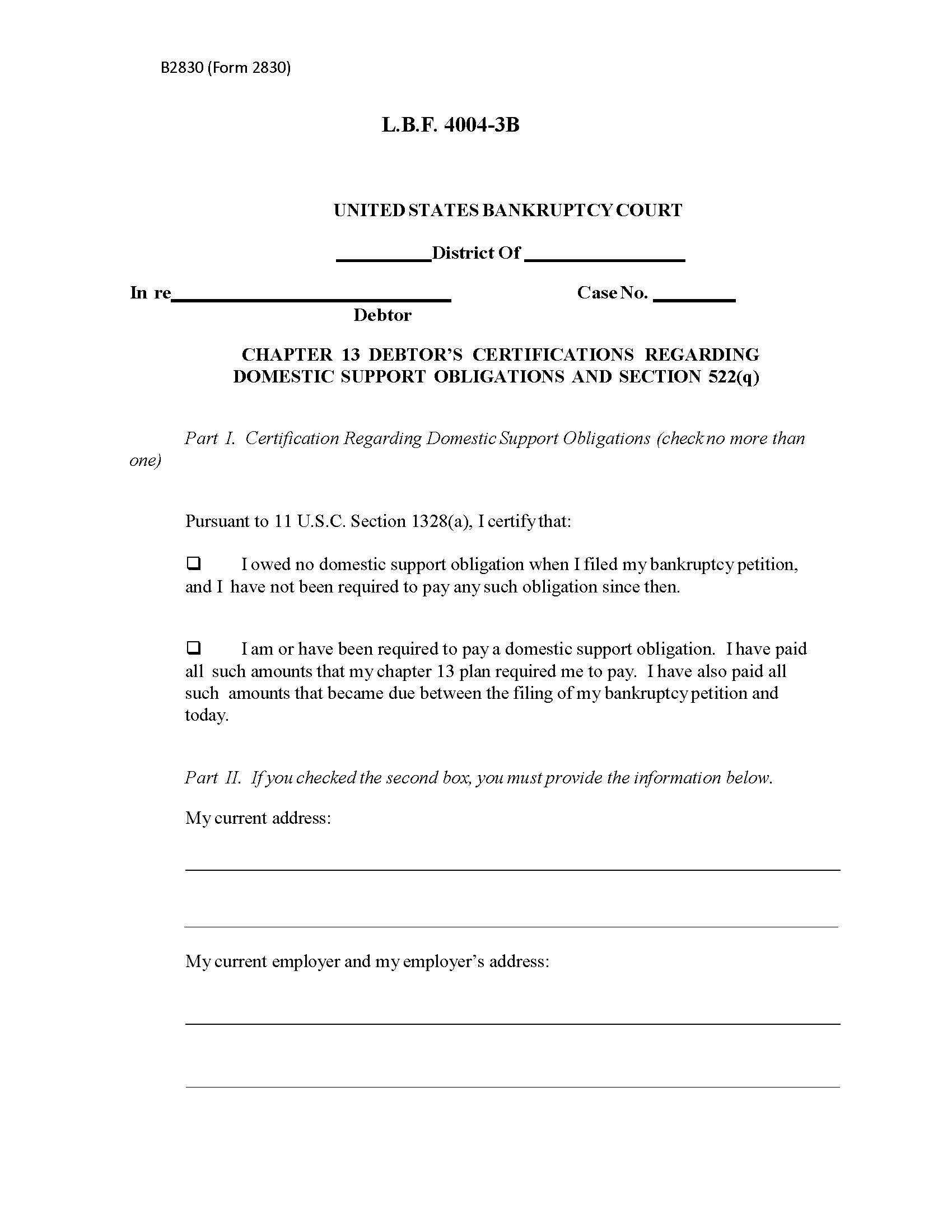 Chapter 13 Debtors Certifications Regarding Domestic Support Obligations {LBF 4004-3B} | Pdf Fpdf Docx | Pennsylvania
