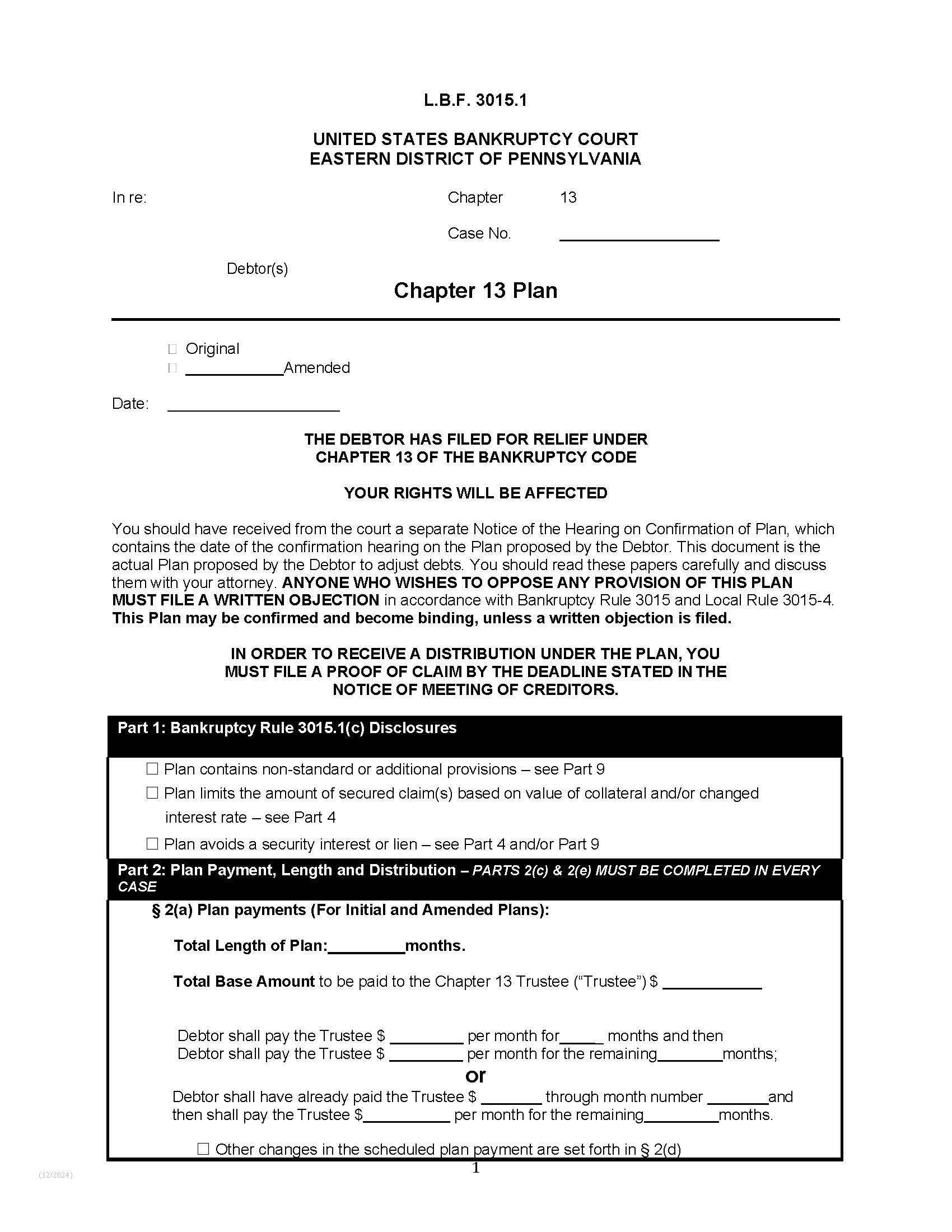 Chapter 13 Plan {LBF 3015.1-1} | Pdf Fpdf Docx | Pennsylvania