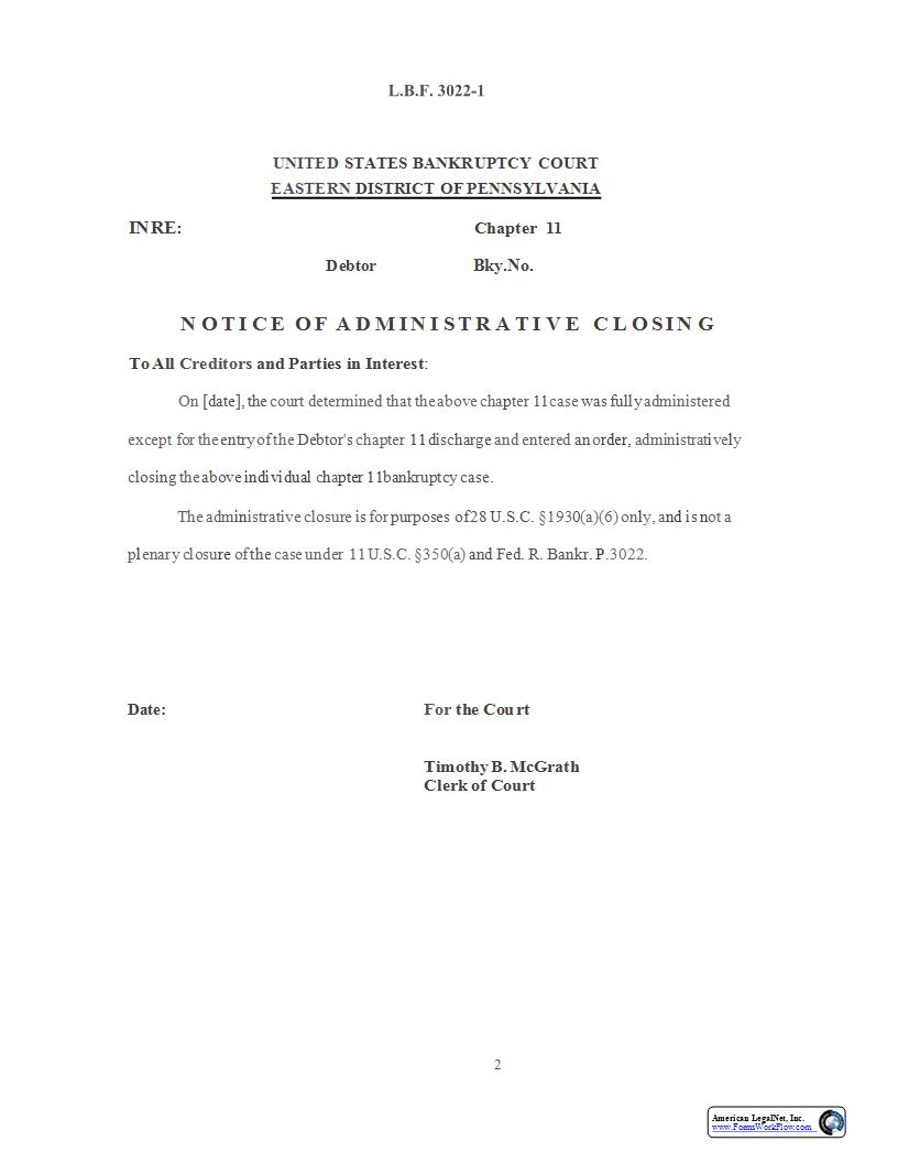 Notice Of Administrative Closing {LBF 3022-1} | Pdf Fpdf Docx | Pennsylvania