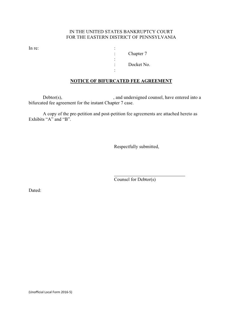 Notice Of Bifurcated Fee Agreement {LF 2016-5} | Pdf Fpdf Docx | Pennsylvania