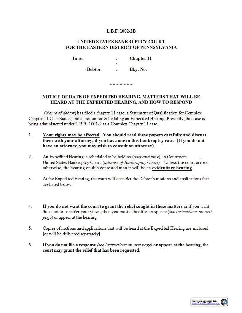 Notice Of Date Of Expedited Hearing {LBF 1002-2B} | Pdf Fpdf Docx | Pennsylvania