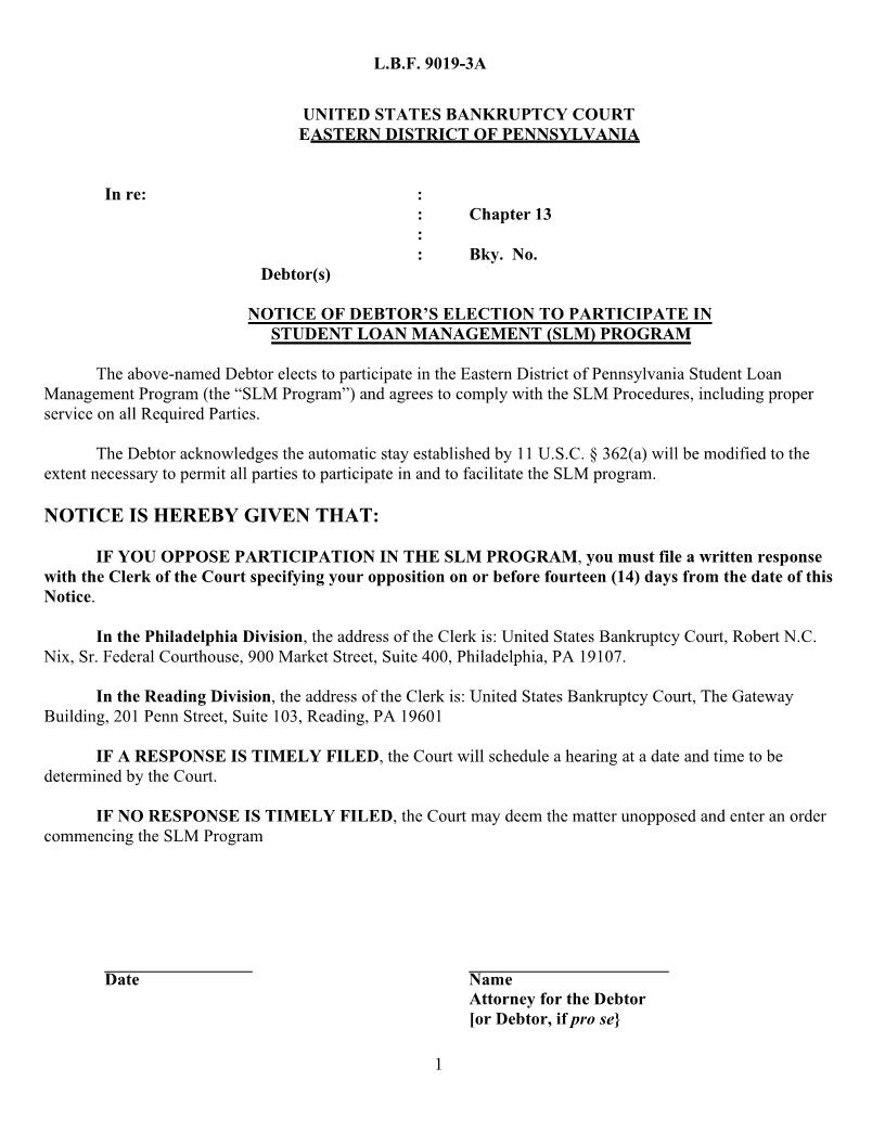 Notice Of Debtors Election To Participate In Student Loan Management Program {LBF 9019-3A} | Pdf Fpdf Docx | Pennsylvania