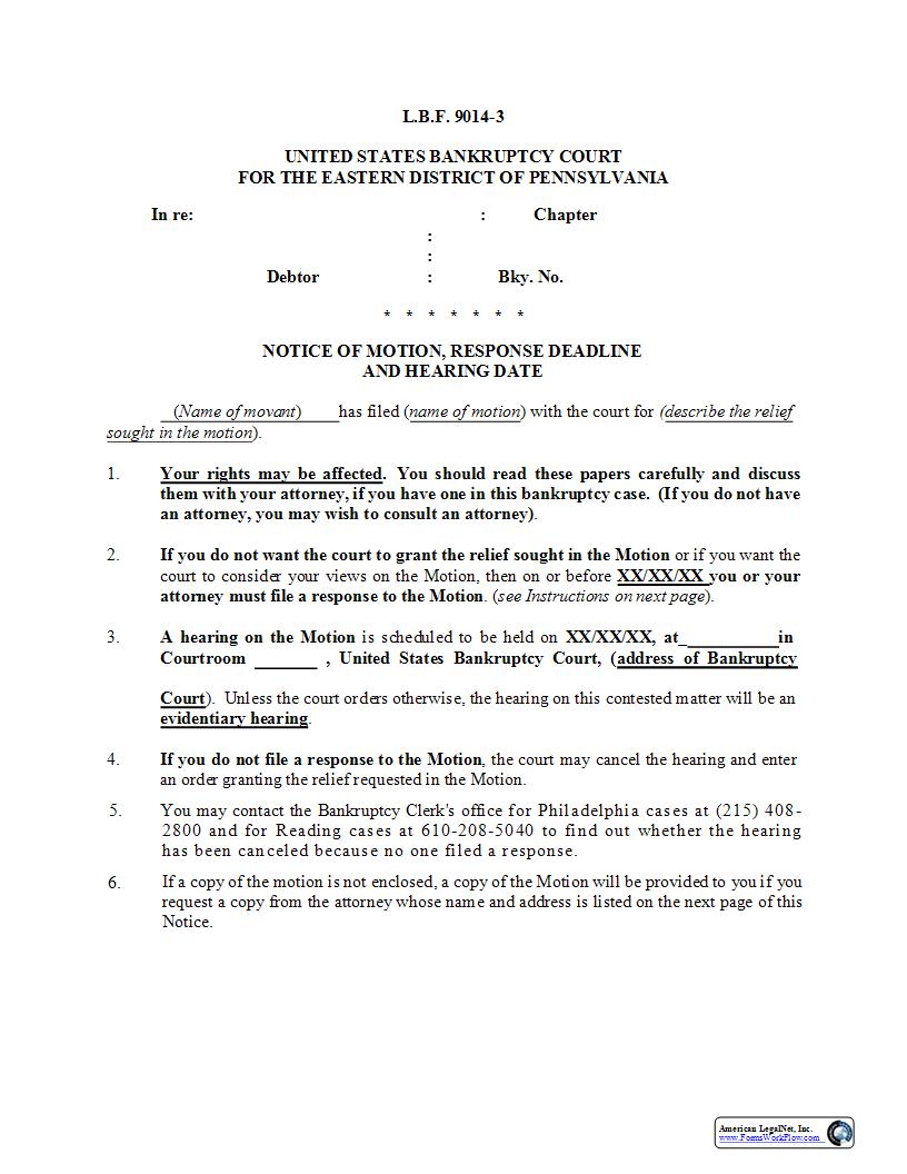 Notice Of Motion Response Deadline And Hearing Date {LBF 9014-3} | Pdf Fpdf Docx | Pennsylvania