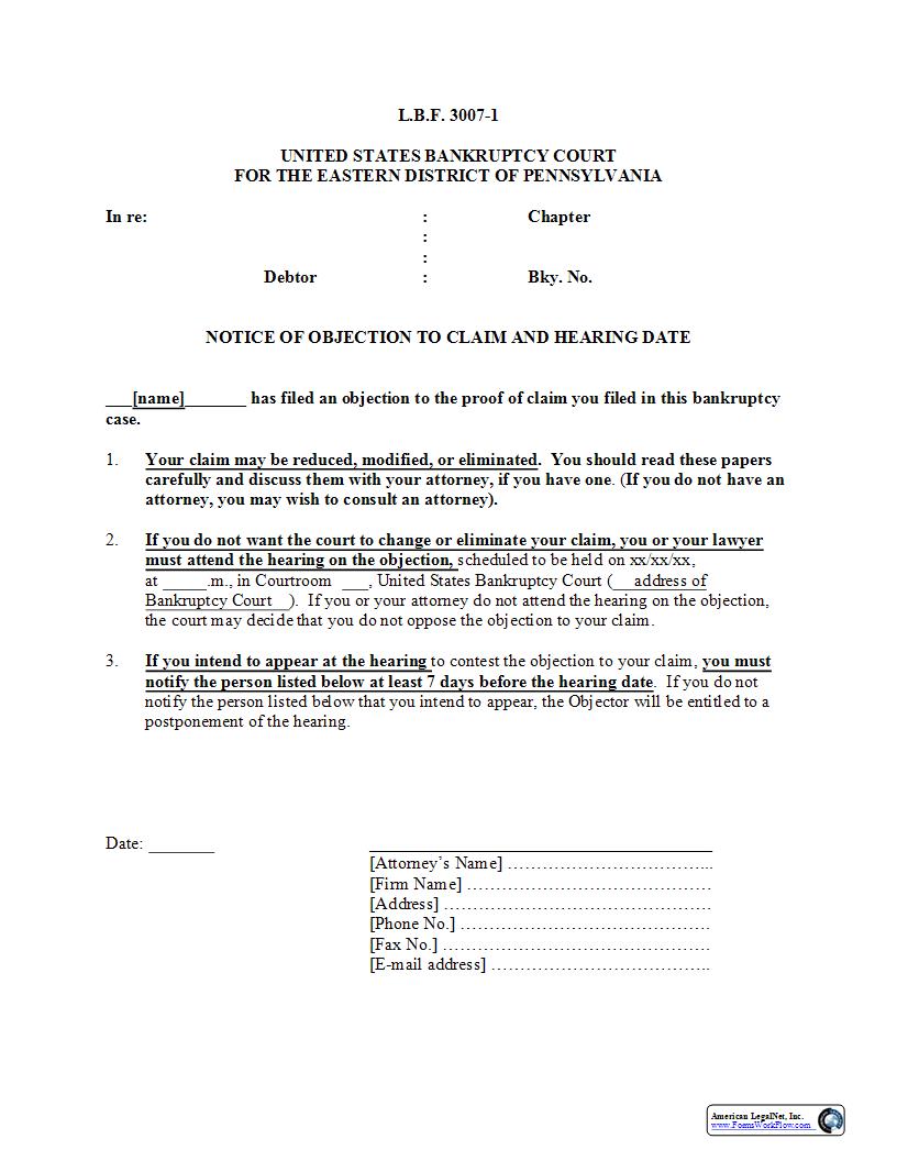 Notice Of Objection To Claim And Hearing Date {LBF 3007-1} | Pdf Fpdf Docx | Pennsylvania