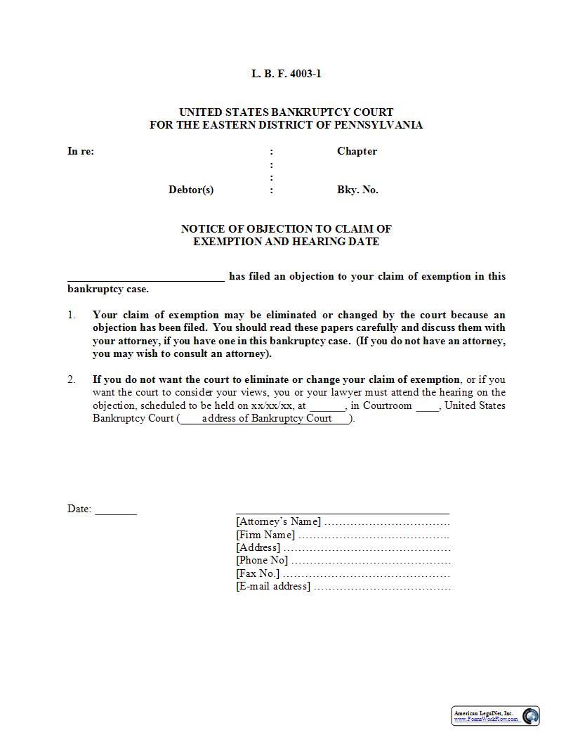 Notice Of Objection To Claim Of Exemption And Hearing Date {LBF 4003-1} | Pdf Fpdf Docx | Pennsylvania