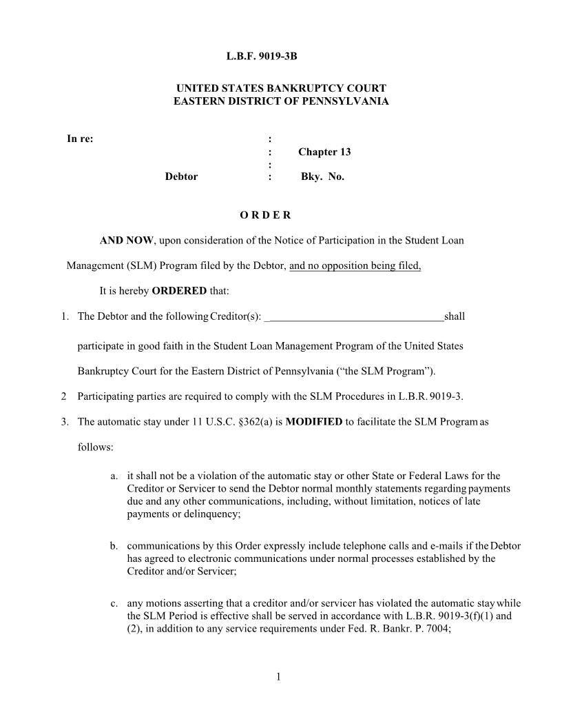 Order (Notice Of Debtors Election To Participate In Student Loan Management Program) {LBF 9019-3B} | Pdf Fpdf Docx | Pennsylvania