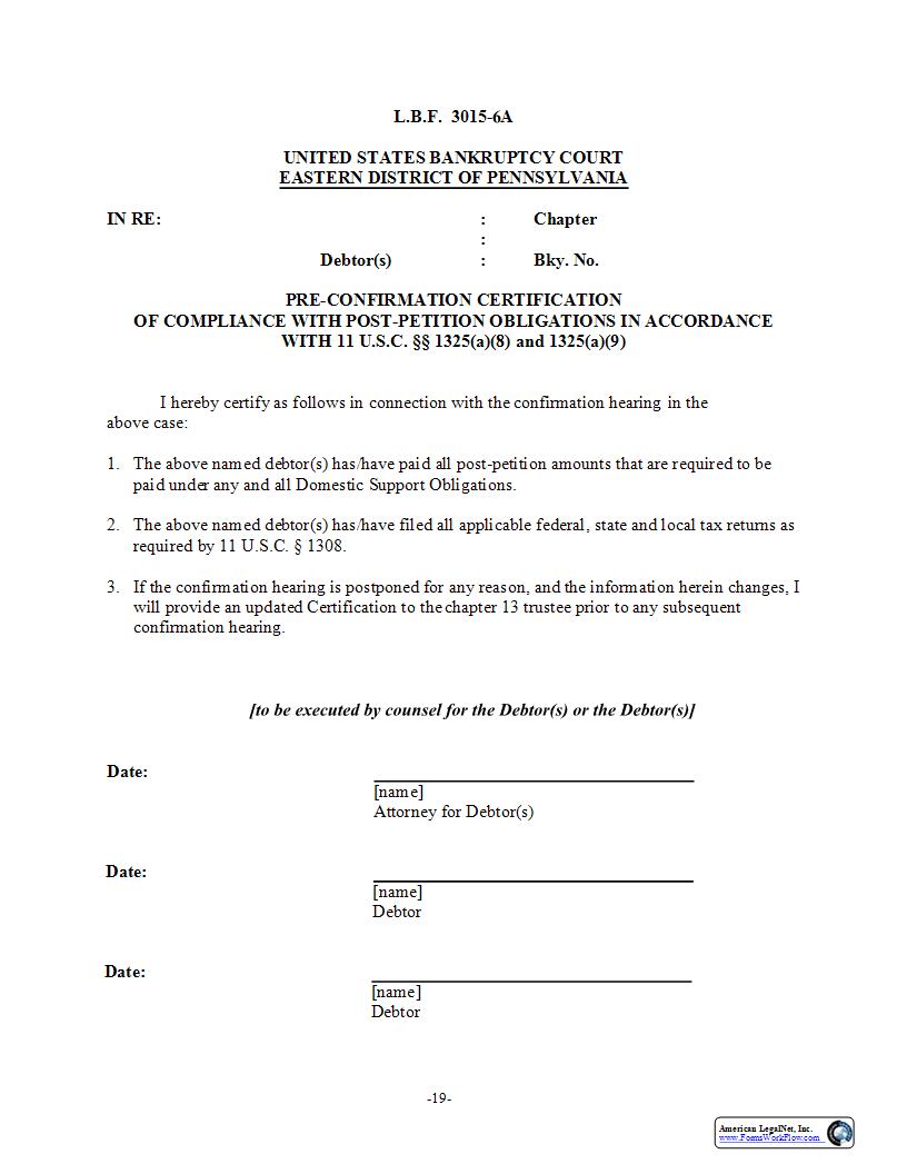 Pre-Confirmation Certification (By Counsel) {LBF 3015-6A} | Pdf Fpdf Docx | Pennsylvania