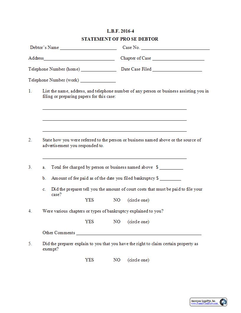 Statement Of Pro Se Debtors {LBF 2016-4} | Pdf Fpdf Docx | Pennsylvania