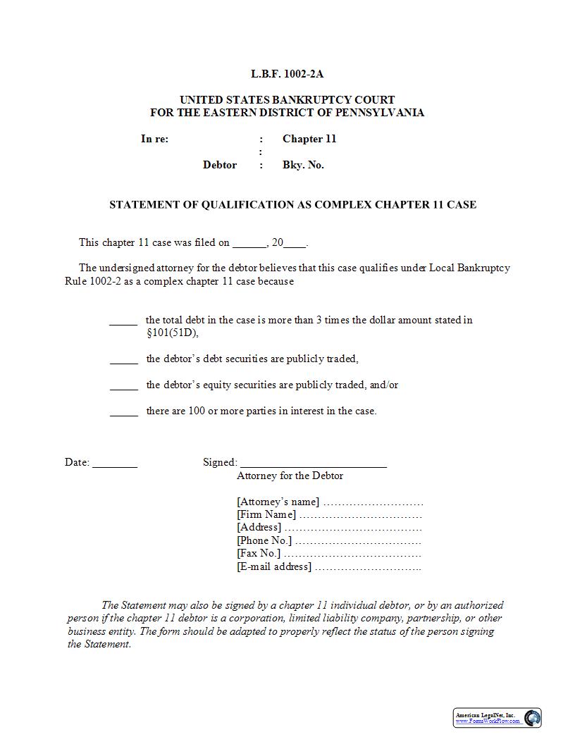 Statement Of Qualification As Complex (Chapter 11) {LBF 1002-2A} | Pdf Fpdf Docx | Pennsylvania