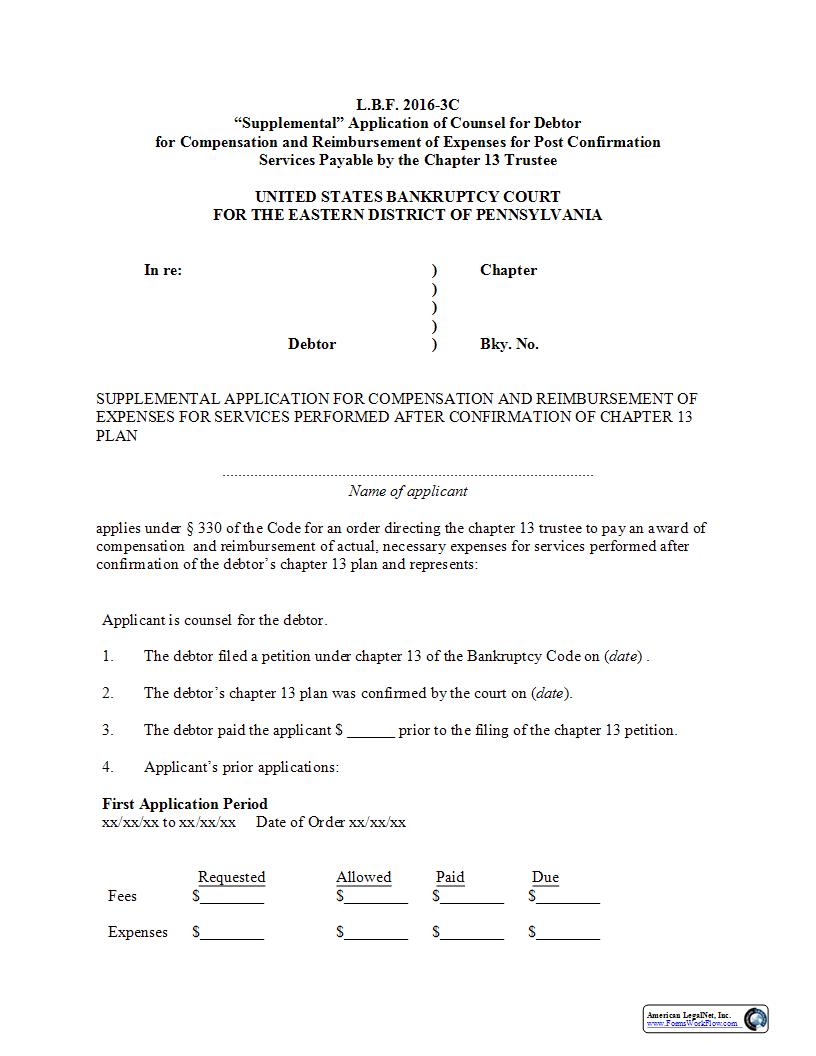 Supplemental Application For Compensation And Reimbursement Of Expenses (Chapter 13) {LBF 2016-3C} | Pdf Fpdf Docx | Pennsylvania