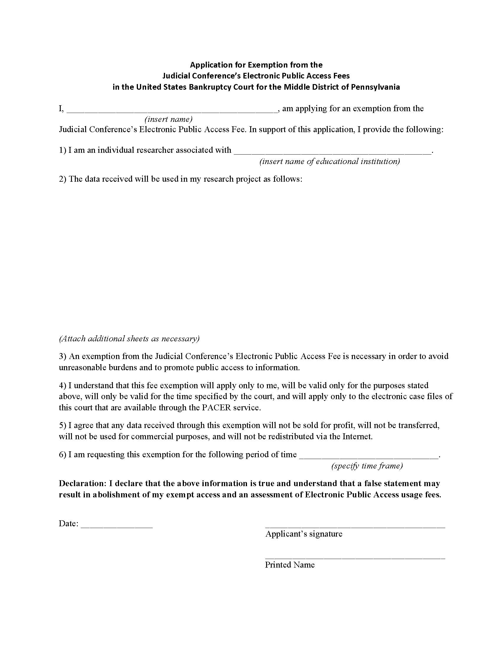 Application For Exemption From PACER Fees | Pdf Fpdf Docx | Pennsylvania