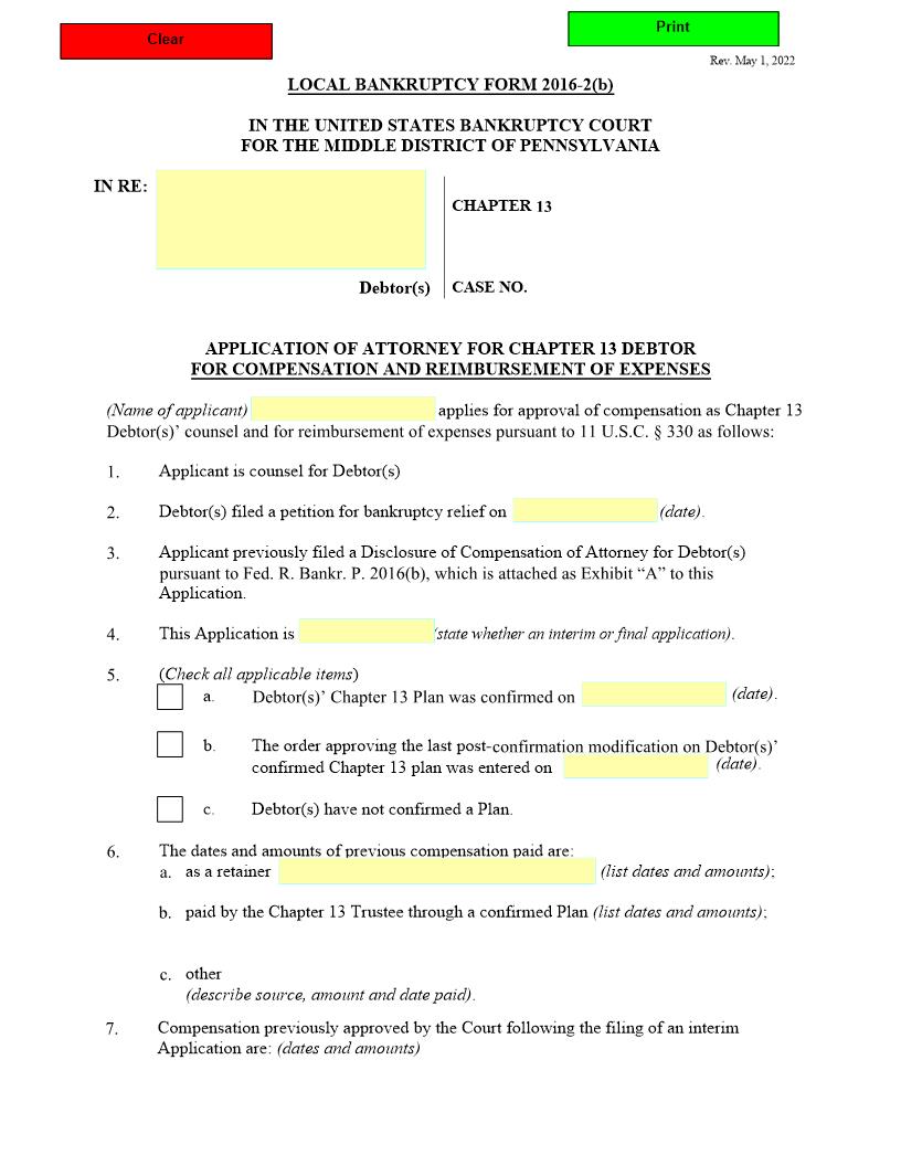 Application Of Attorney For Chapter 13 Debtor For Compensation Of Expenses {2016-2(b)} | Pdf Fpdf Doc Docx | Pennsylvania