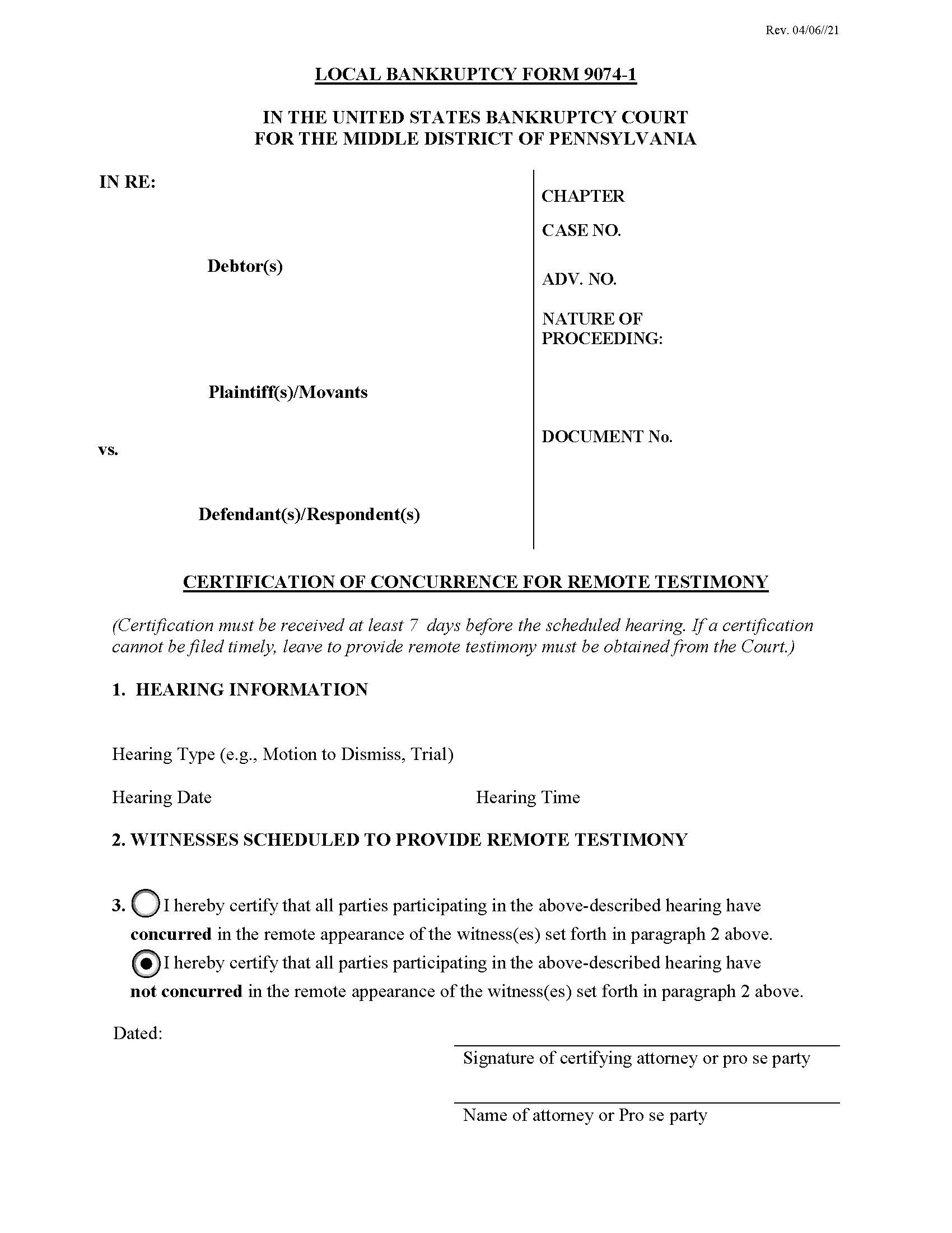 Certification Of Concurrence For Remote Testimony {9074-1} | Pdf Fpdf Doc Docx | Pennsylvania