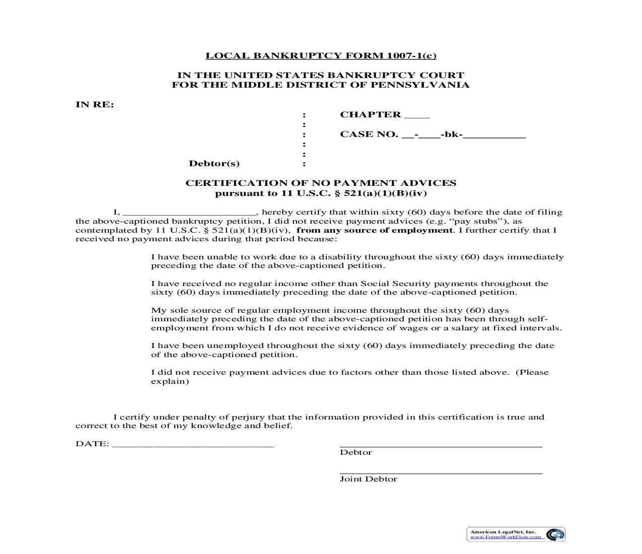 Certification Of No Payment Advices {1007-1(c)} | Pdf Fpdf Doc Docx | Pennsylvania