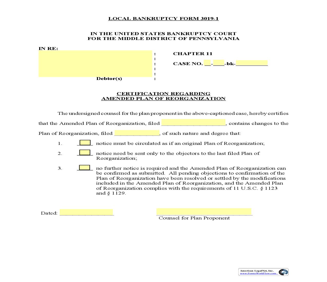 Certification Regarding Amended Plan Of Reorganization {3019-1} | Pdf Fpdf Doc Docx | Pennsylvania