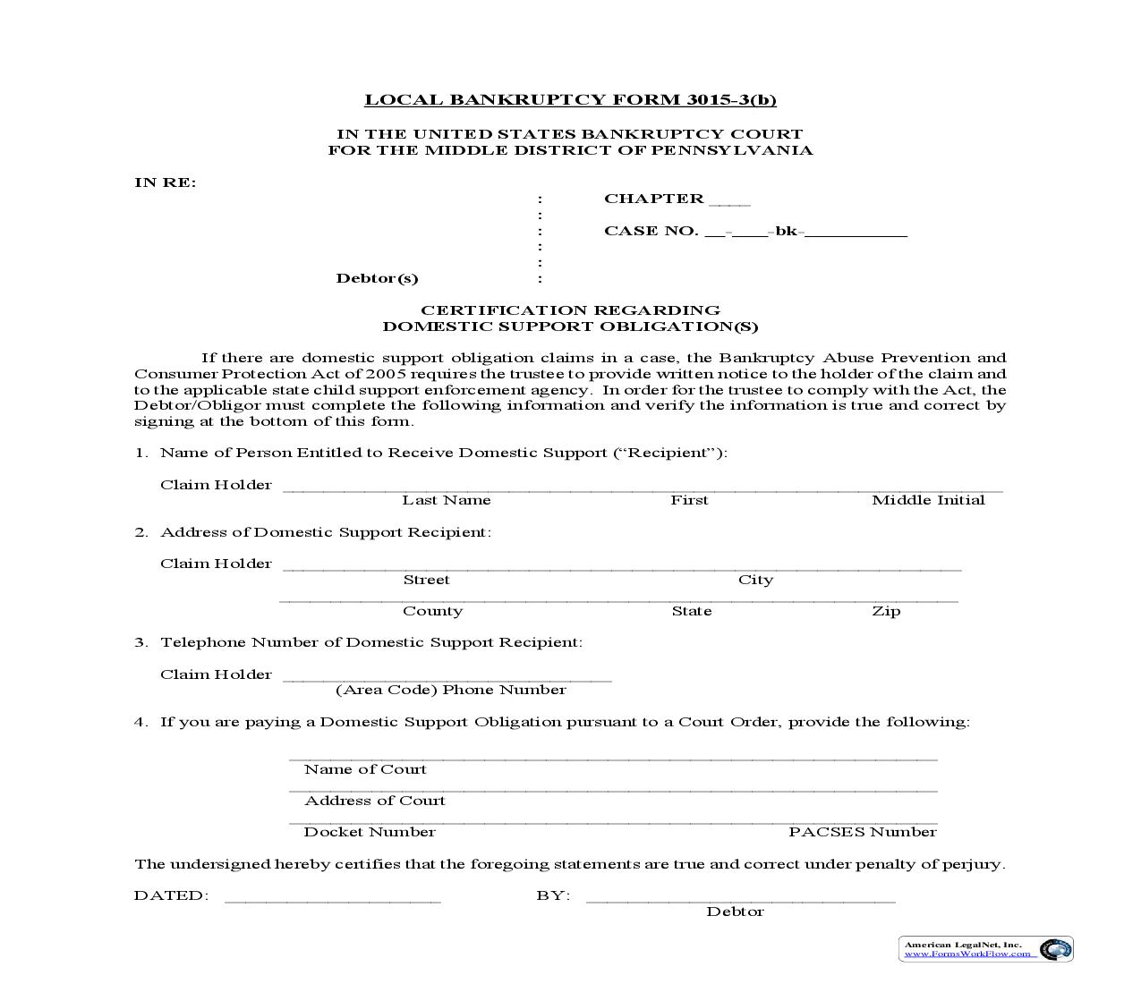 Certification Regarding Domestic Support Obligation(s){3015-3(b)} | Pdf Fpdf Doc Docx | Pennsylvania