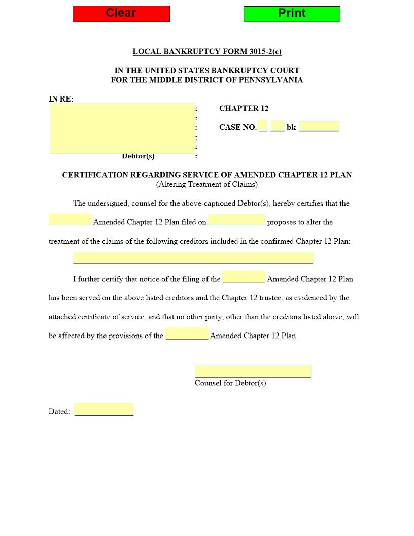 Certification Regarding Service Of Amended Chapter 12 Plan {3015-2(c)} | Pdf Fpdf Docx | Pennsylvania