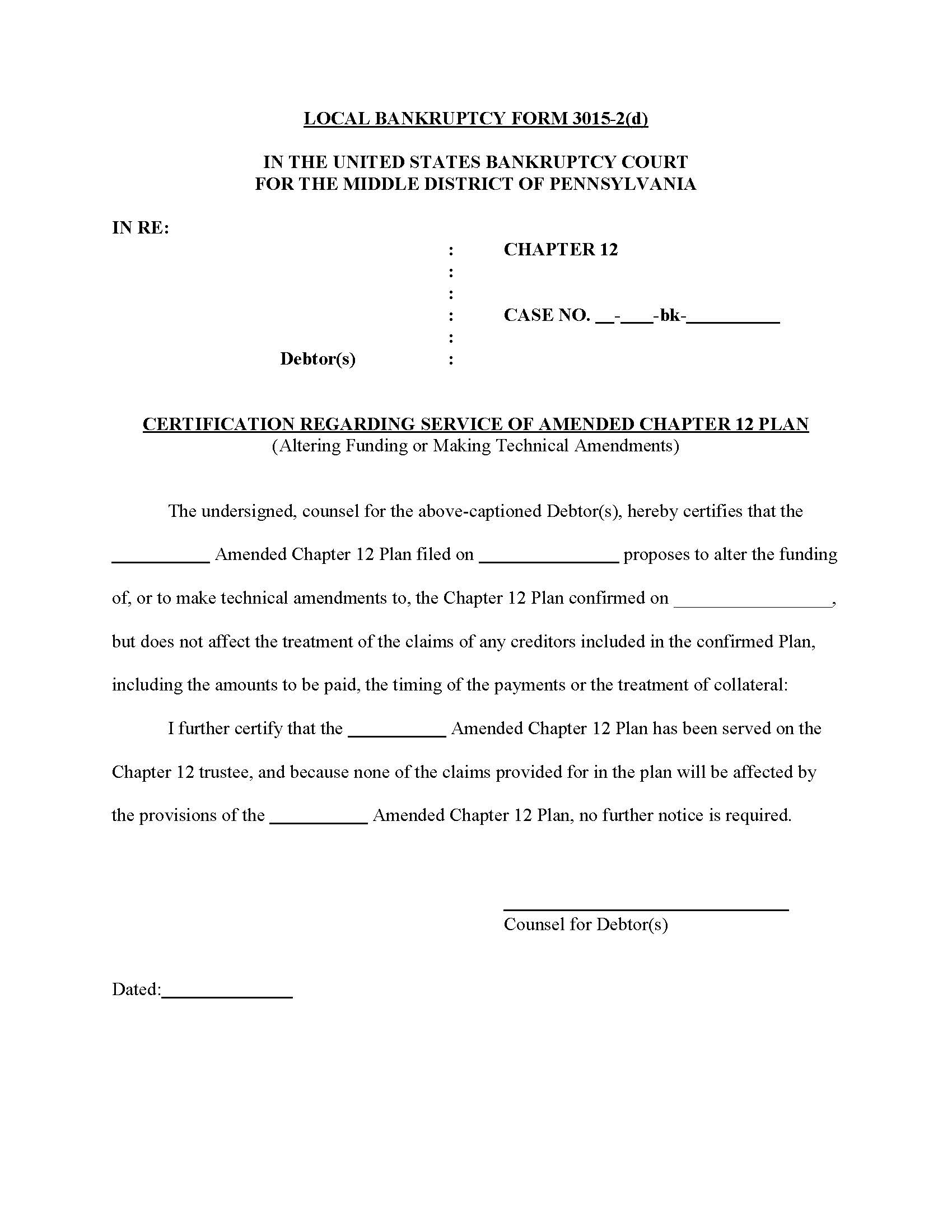 Certification Regarding Service Of Amended Chapter 12 Plan {3015-2(d)} | Pdf Fpdf Doc Docx | Pennsylvania