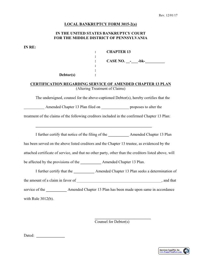 Certification Regarding Service Of Amended Chapter 13 Plan {3015-2(a)} | Pdf Fpdf Docx | Pennsylvania