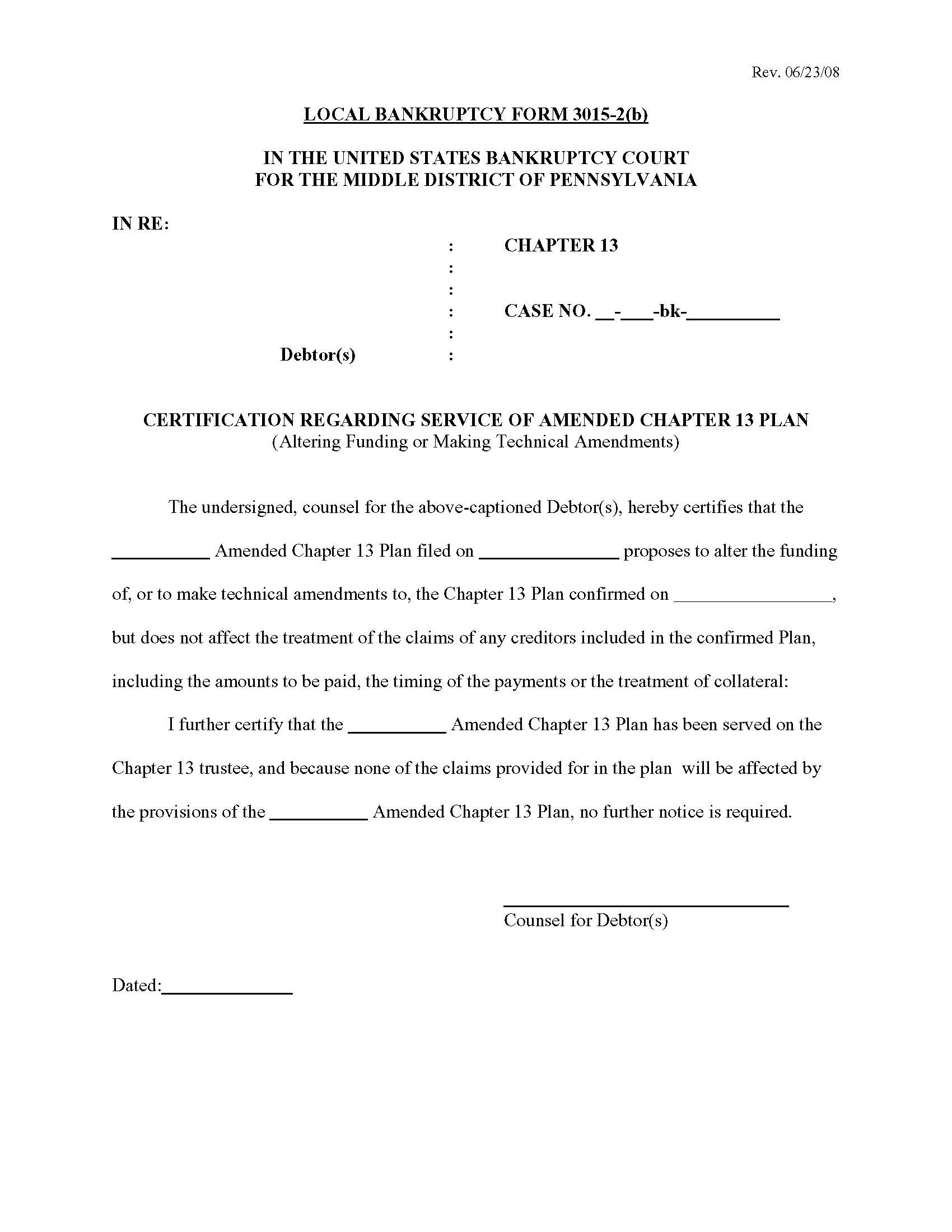 Certification Regarding Service Of Amended Chapter 13 Plan {3015-2(b)} | Pdf Fpdf Doc Docx | Pennsylvania
