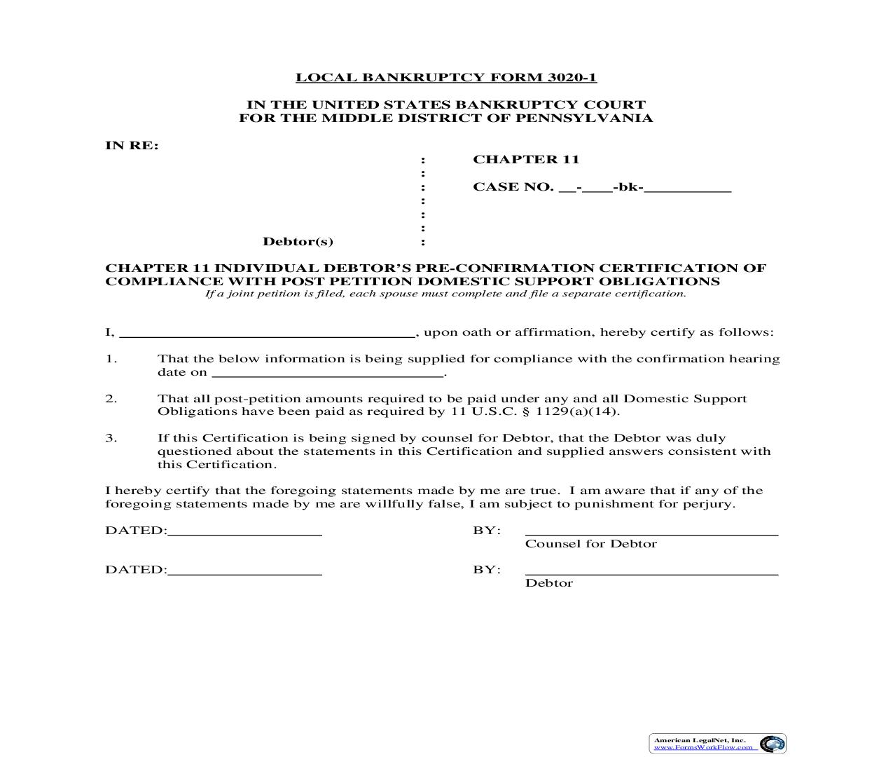 Chapter 11 Individual Debtors Pre-Confirmation Certification {3020-1} | Pdf Fpdf Doc Docx | Pennsylvania