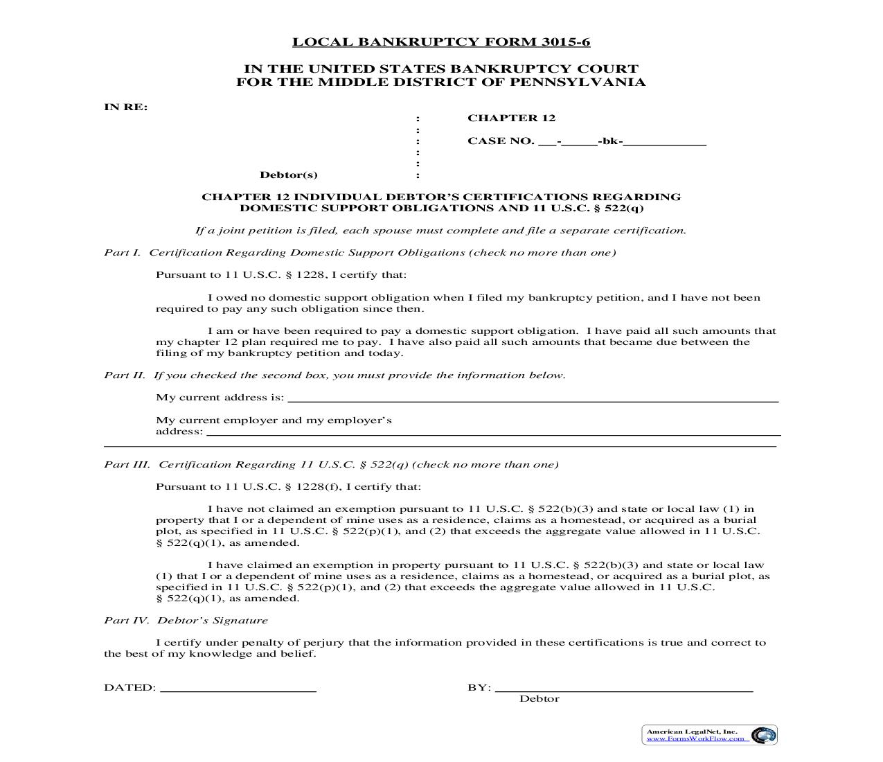 Chapter 12 Debtors Certifications Regarding Domestic Support Obligations {3015-6} | Pdf Fpdf Doc Docx | Pennsylvania