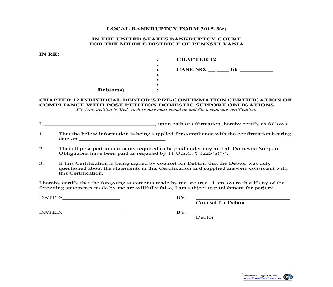 Chapter 12 Individual Debtors Pre-Confirmation Certification Of Compliance {3015-3(c)} | Pdf Fpdf Doc Docx | Pennsylvania