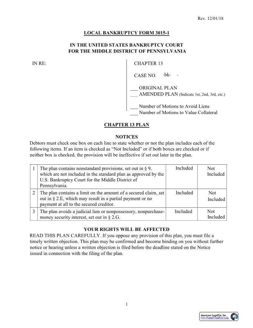 Chapter 13 Plan {3015-1} | Pdf Fpdf Docx | Pennsylvania