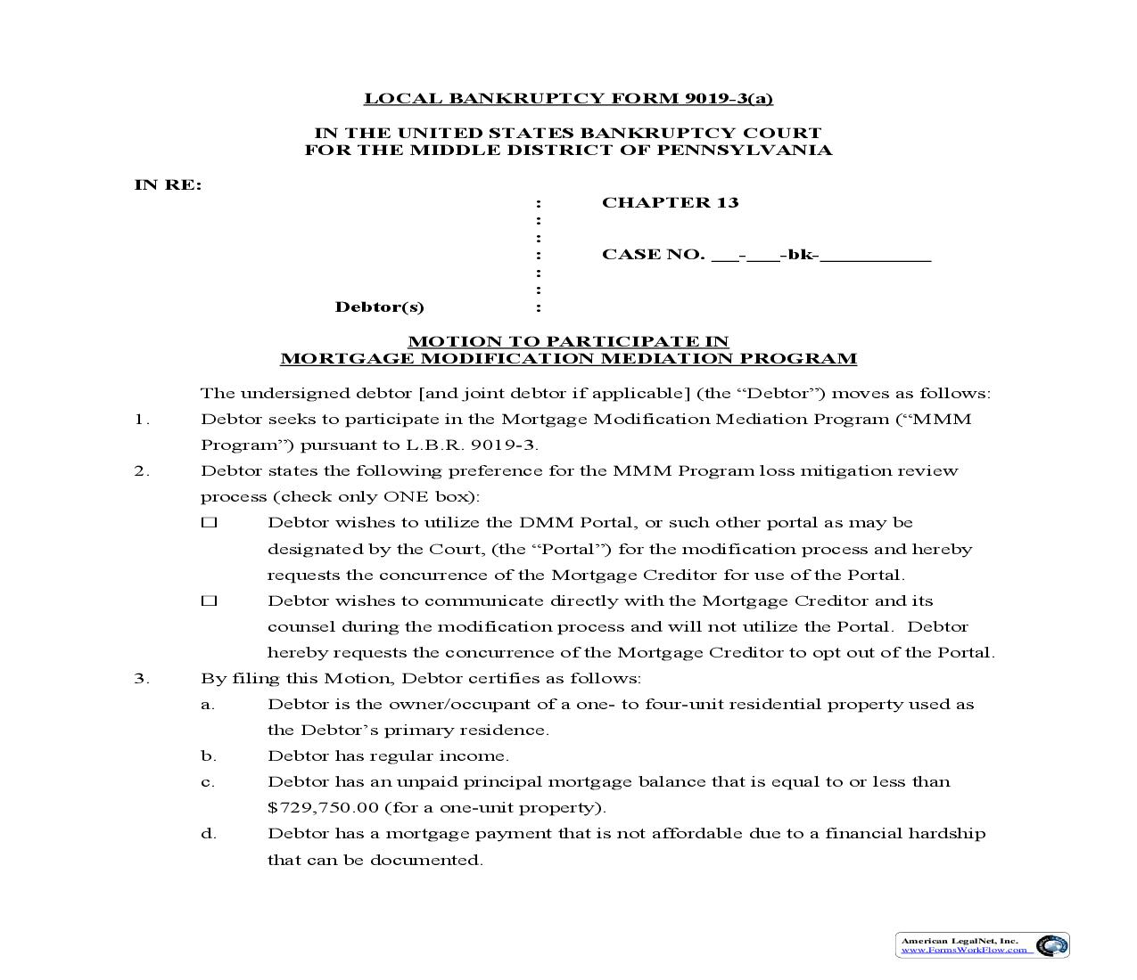 Motion To Participate In Mortgage Modification Mediation Program {9019-3(a)} | Pdf Fpdf Doc Docx | Pennsylvania
