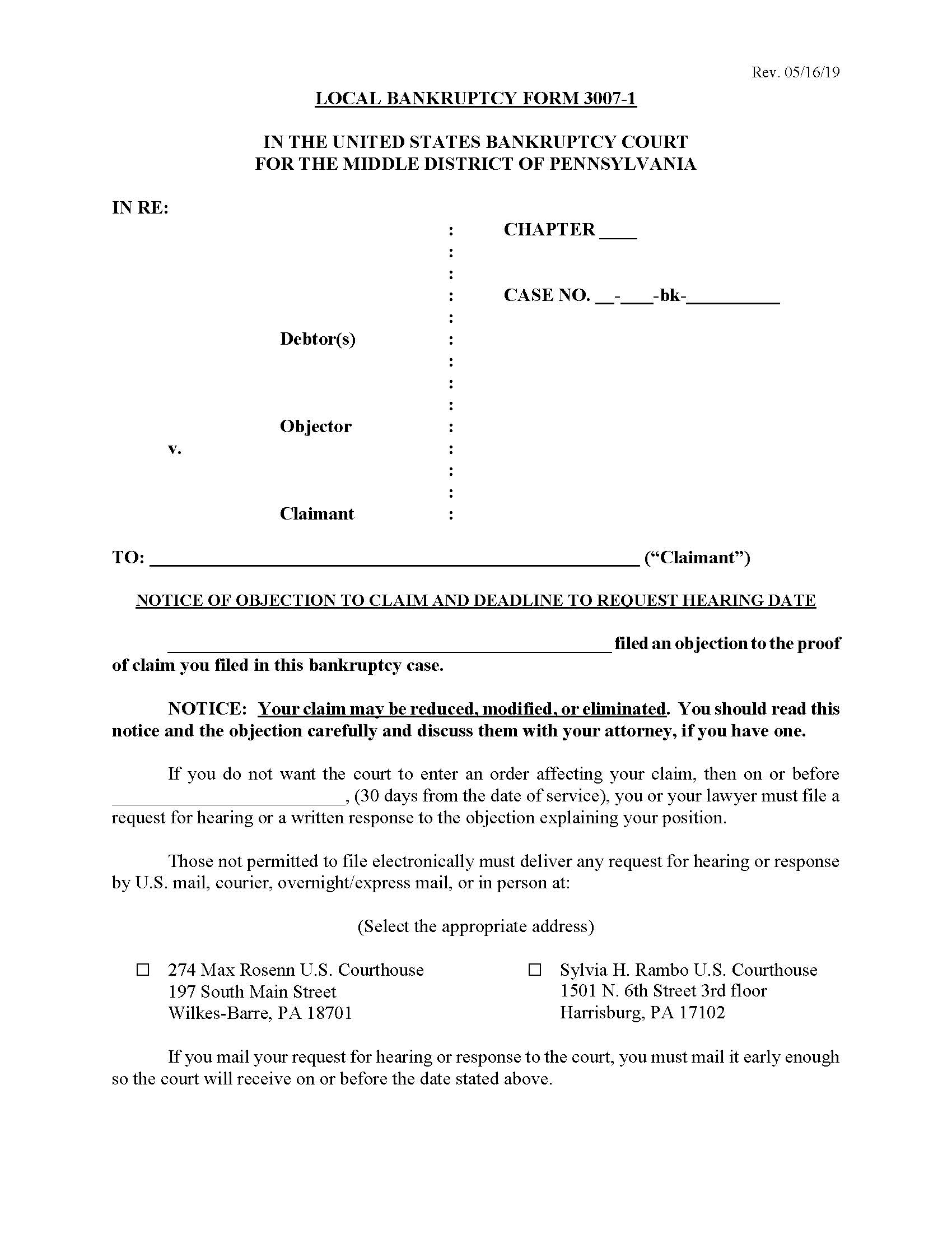 Notice Of Objection To Claim And Hearing Date {3007-1} | Pdf Fpdf Docx | Pennsylvania